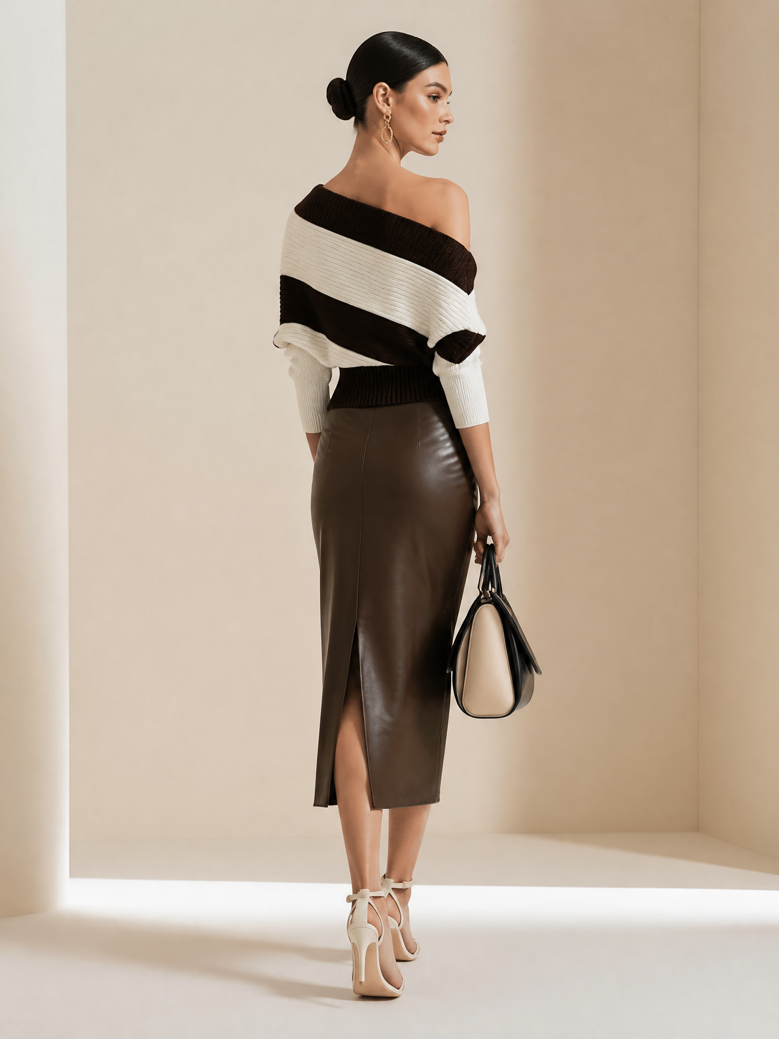 Elegant Relaxed Knit Coffee White Diagonal Stripe Set