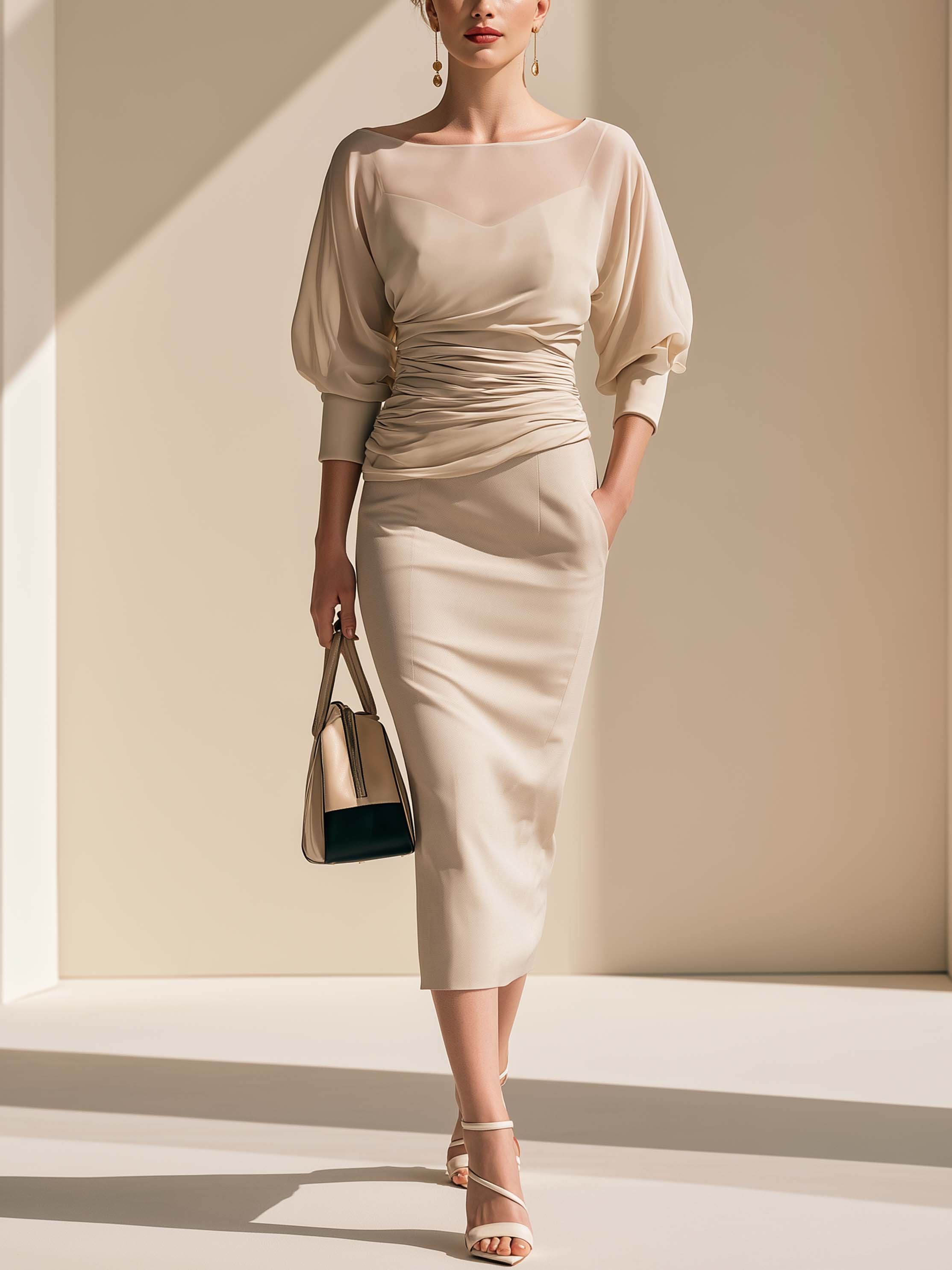 Elegant Relaxed Cream Boat Neck Puff Sleeve Ruched Midi Dress