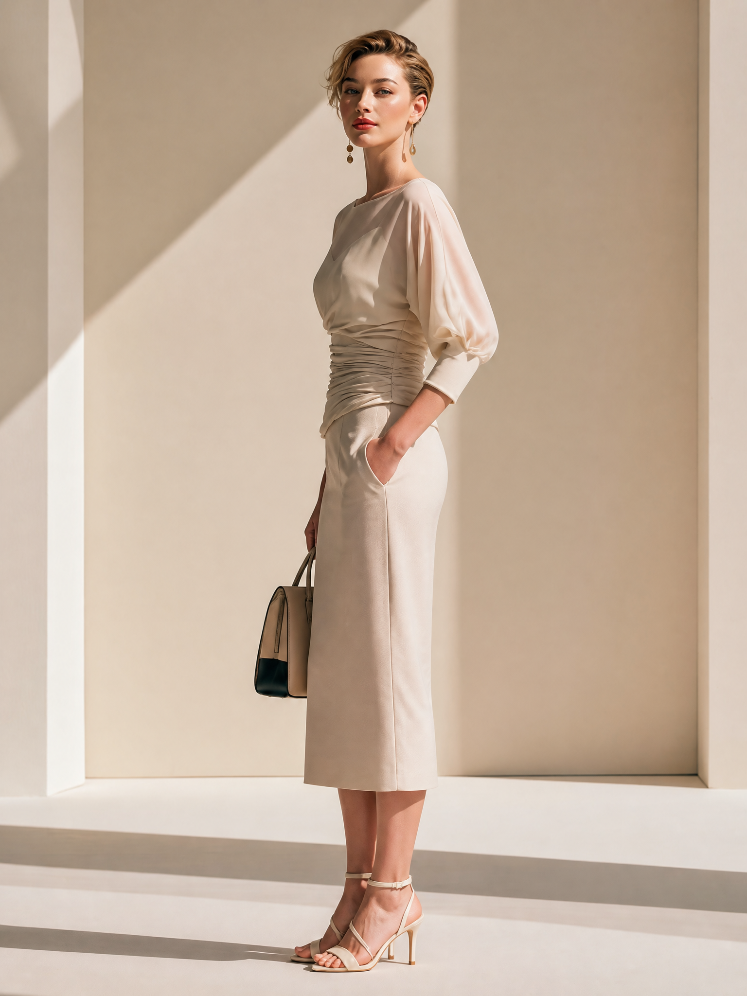 Elegant Relaxed Cream Boat Neck Puff Sleeve Ruched Midi Dress
