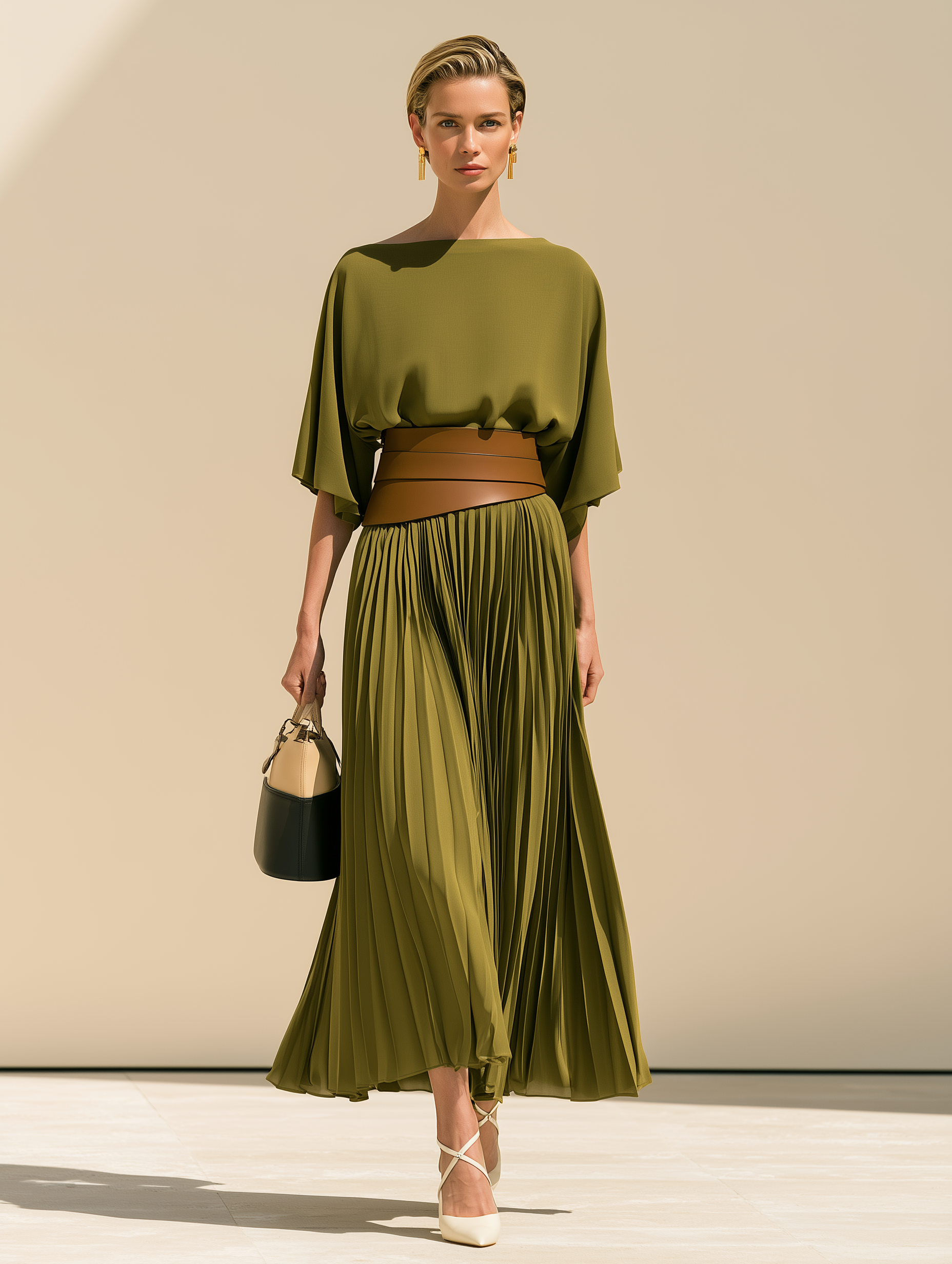 Elegant Olive Boat Neck Batwing Sleeve Pleated Midi Two-Piece Set