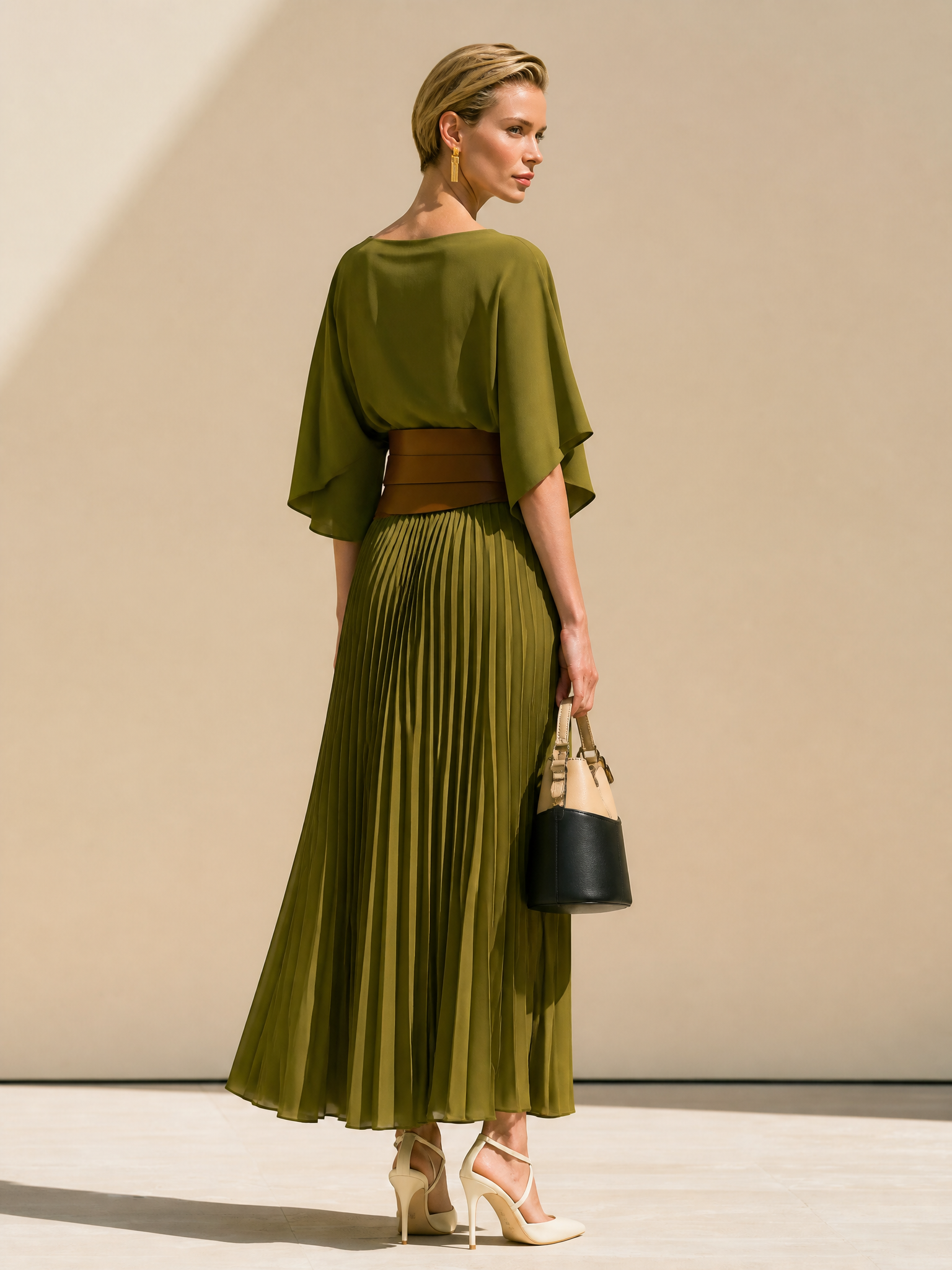 Elegant Olive Boat Neck Batwing Sleeve Pleated Midi Two-Piece Set