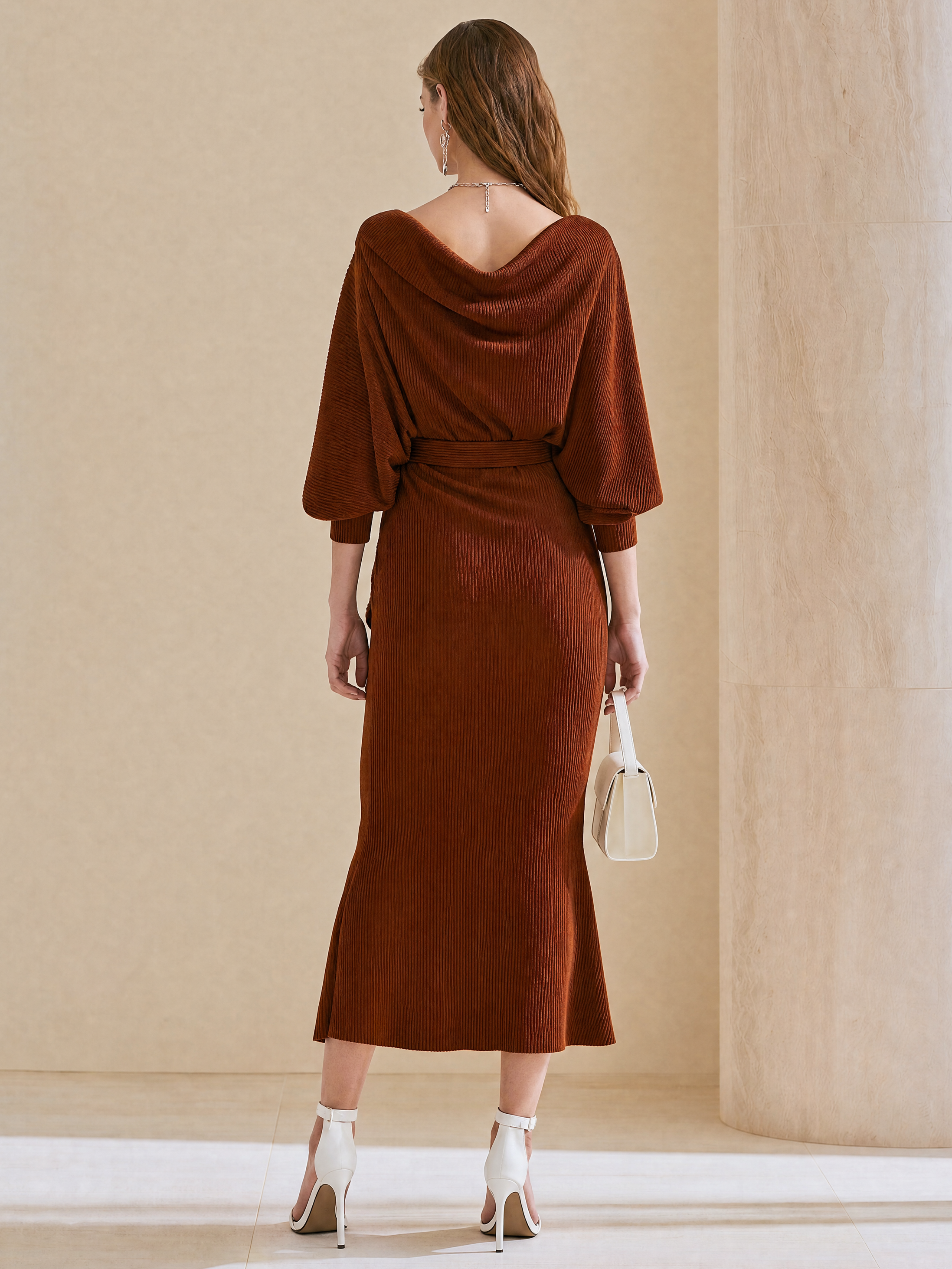 Elegant Burgundy Ribbed Knit Cowl Neck Midi Dress