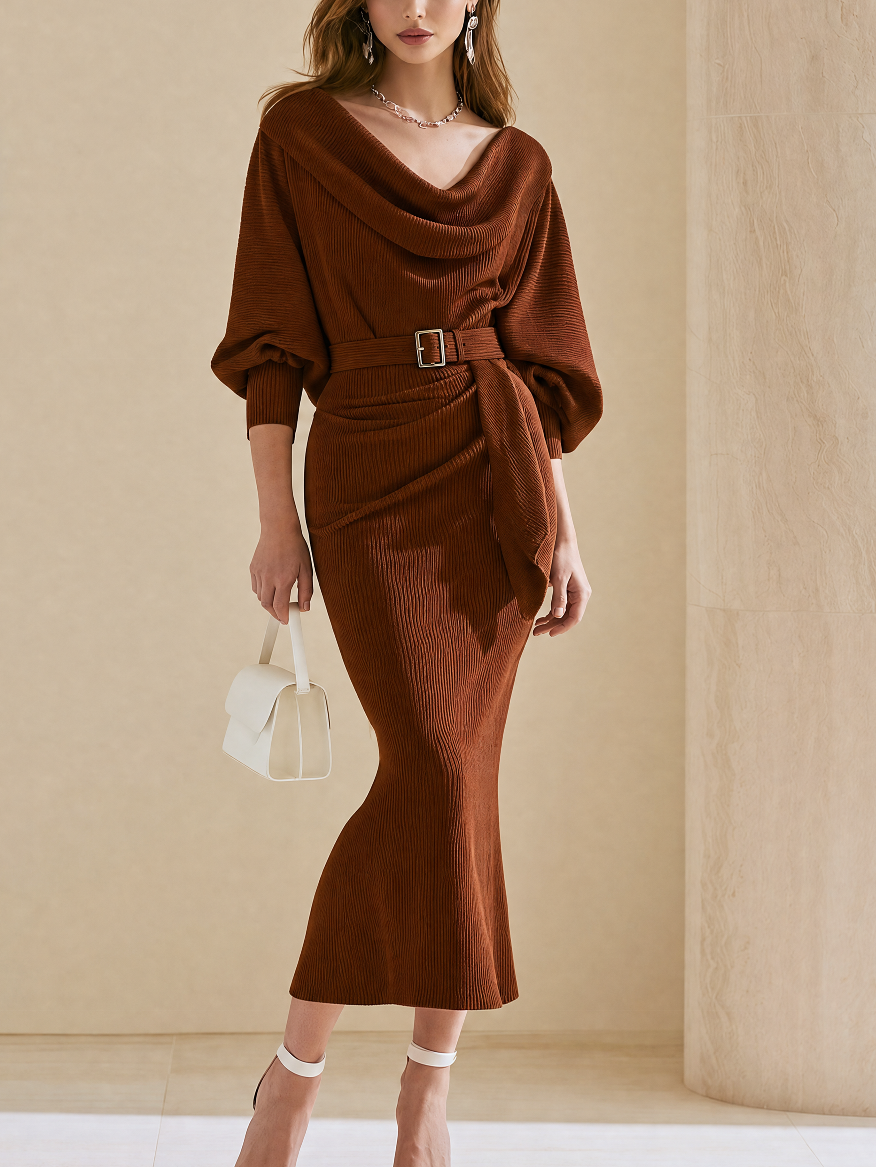 Elegant Burgundy Ribbed Knit Cowl Neck Midi Dress