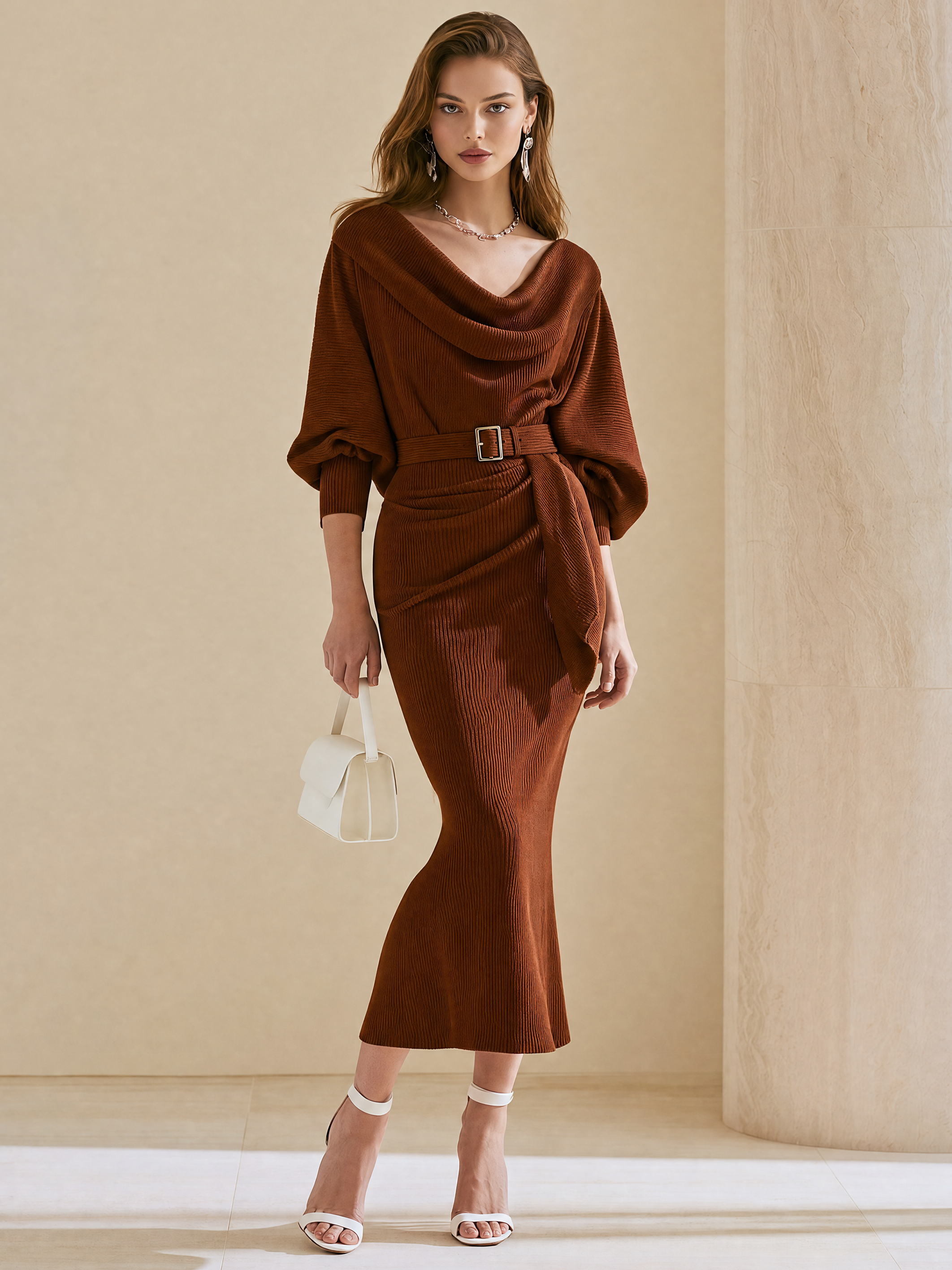 Elegant Burgundy Ribbed Knit Cowl Neck Midi Dress