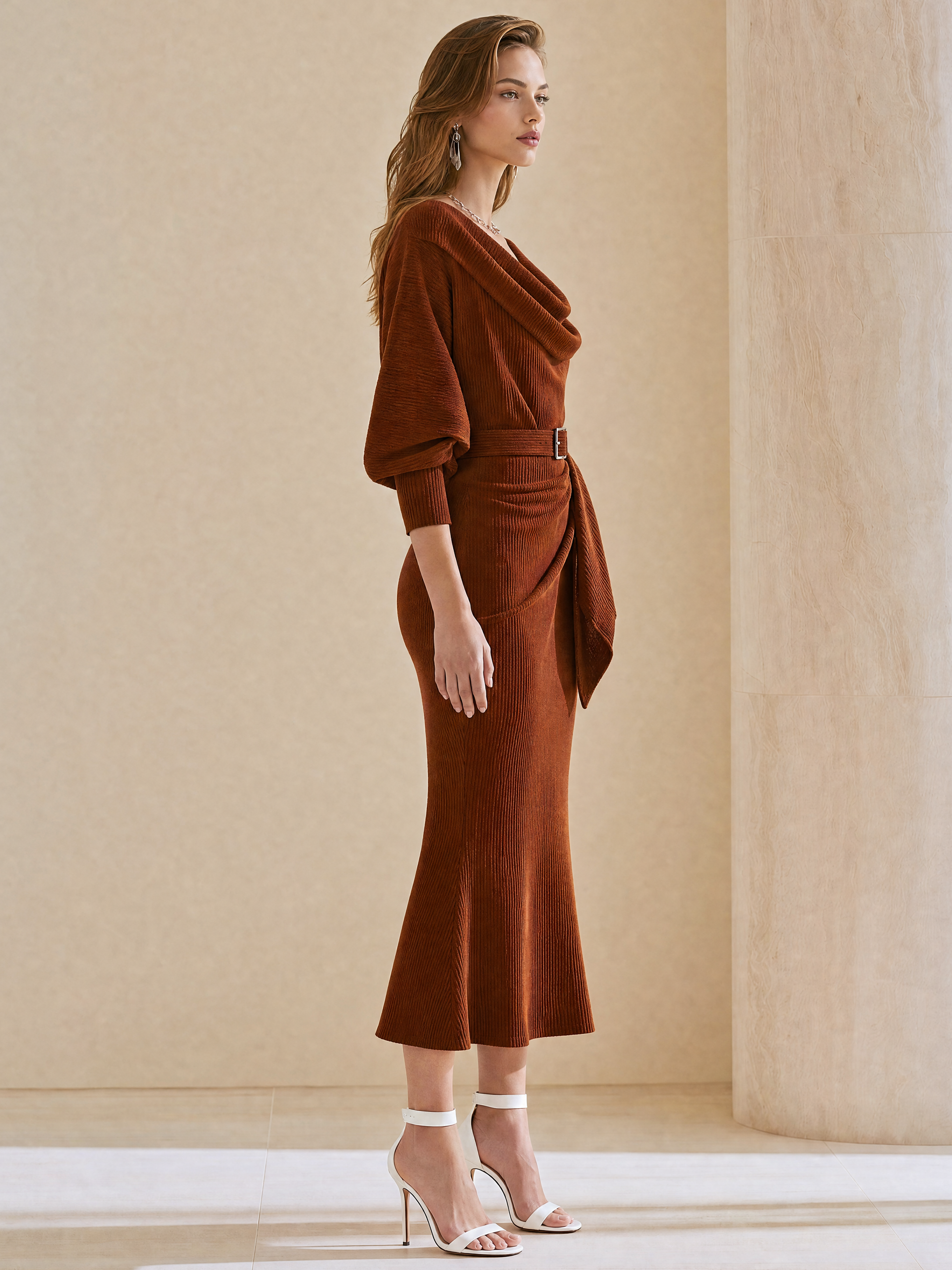 Elegant Burgundy Ribbed Knit Cowl Neck Midi Dress