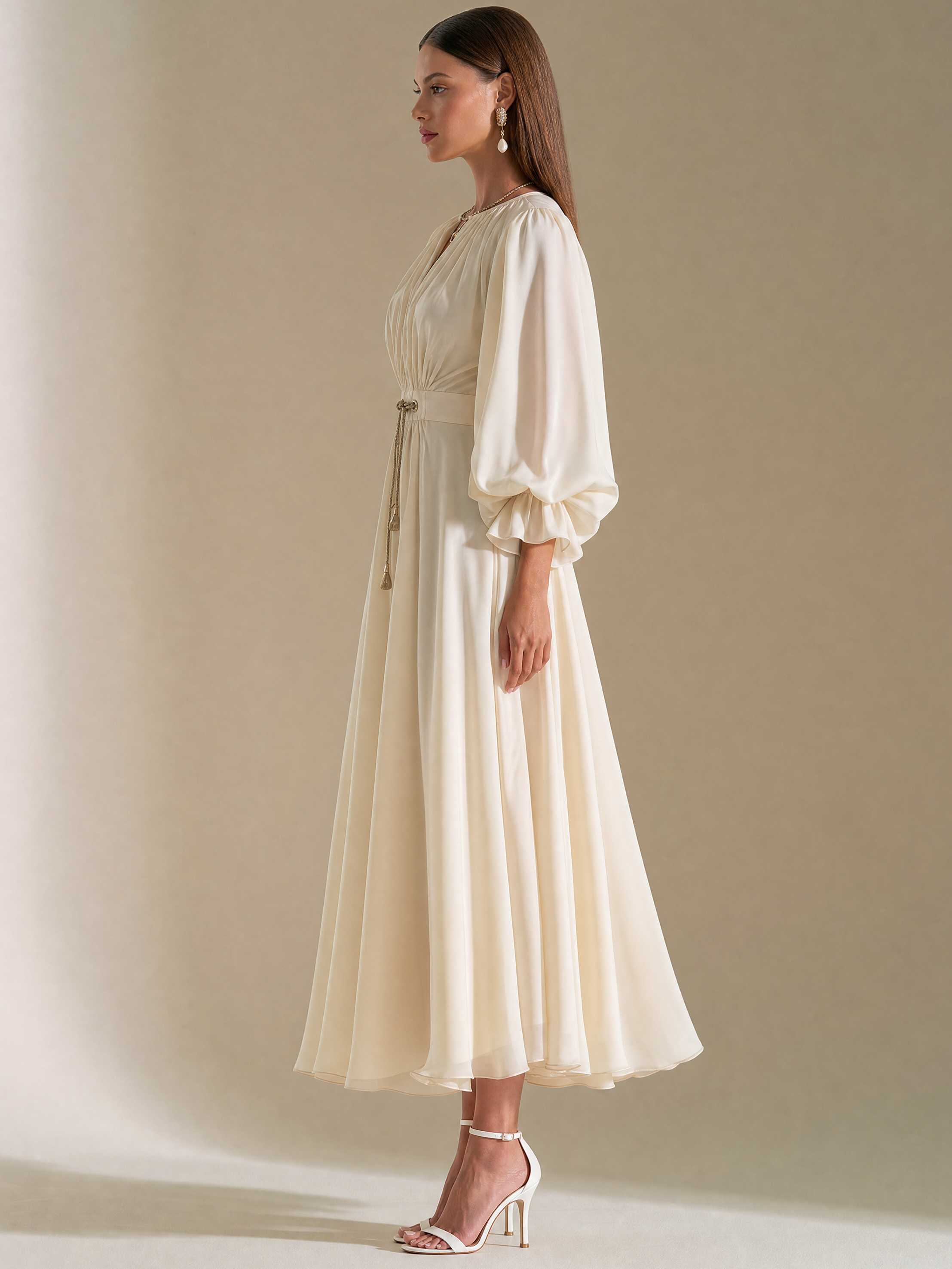 Elegant White Chiffon Waterdrop Neck Long Sleeve Midi Dress