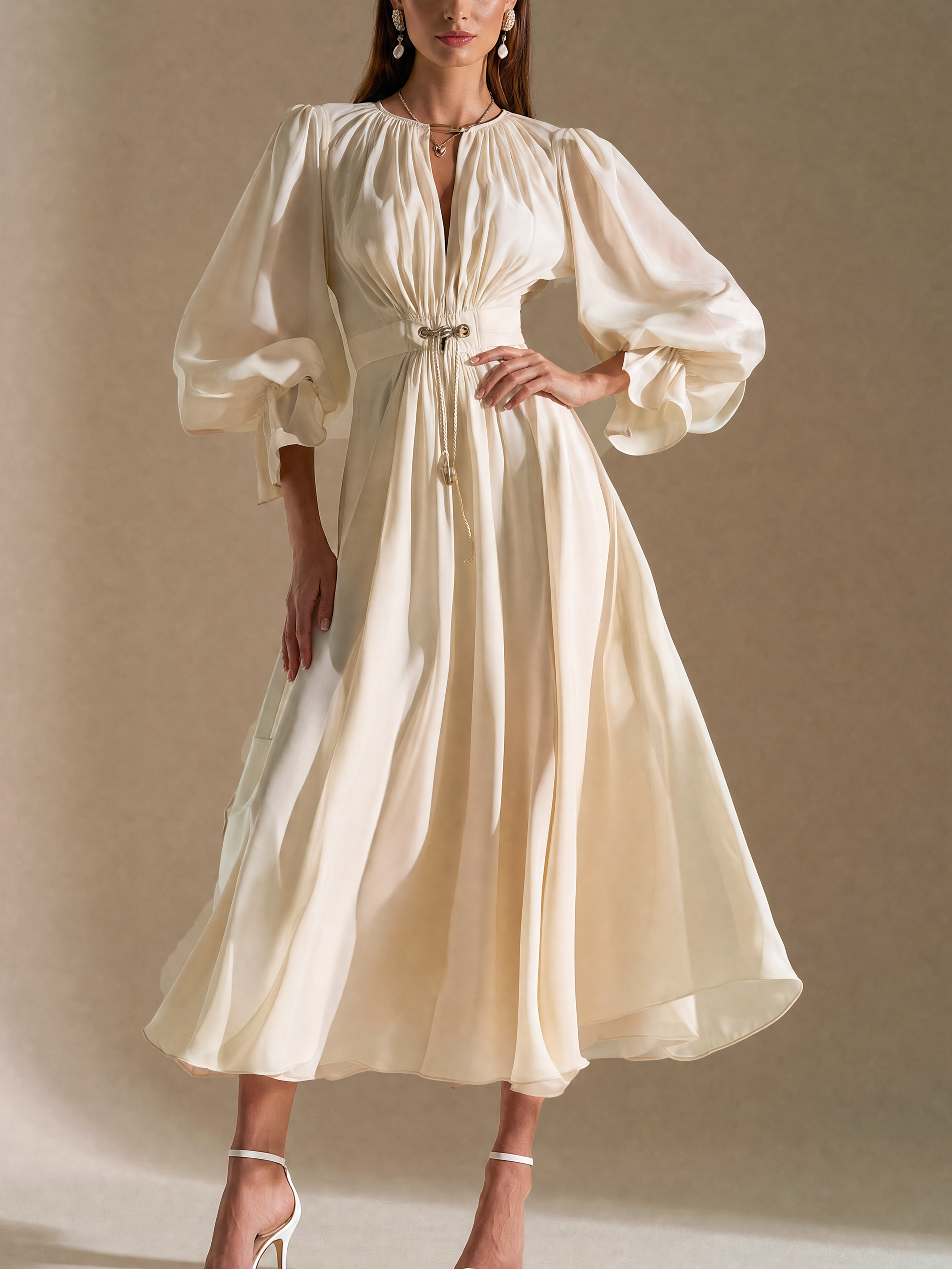 Elegant White Chiffon Waterdrop Neck Long Sleeve Midi Dress