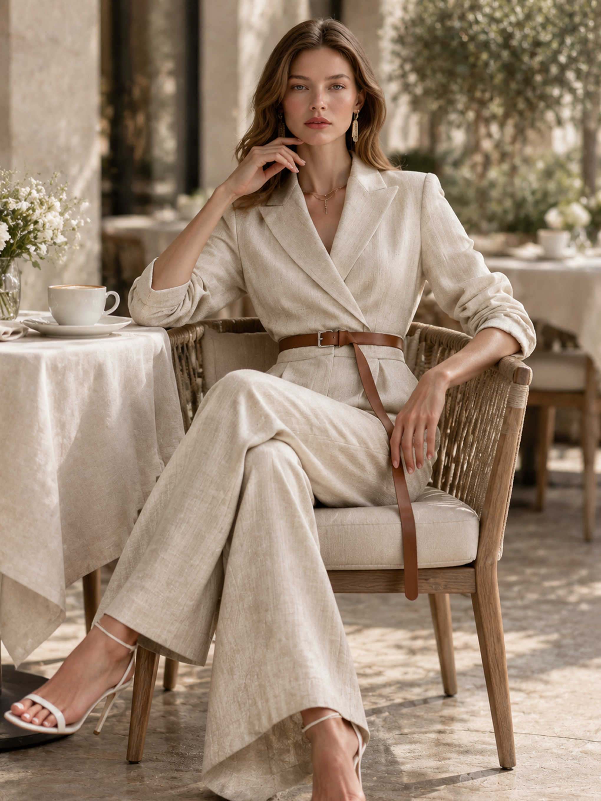 Elegant Ivory Linen Blend Tailored Blazer Jumpsuit