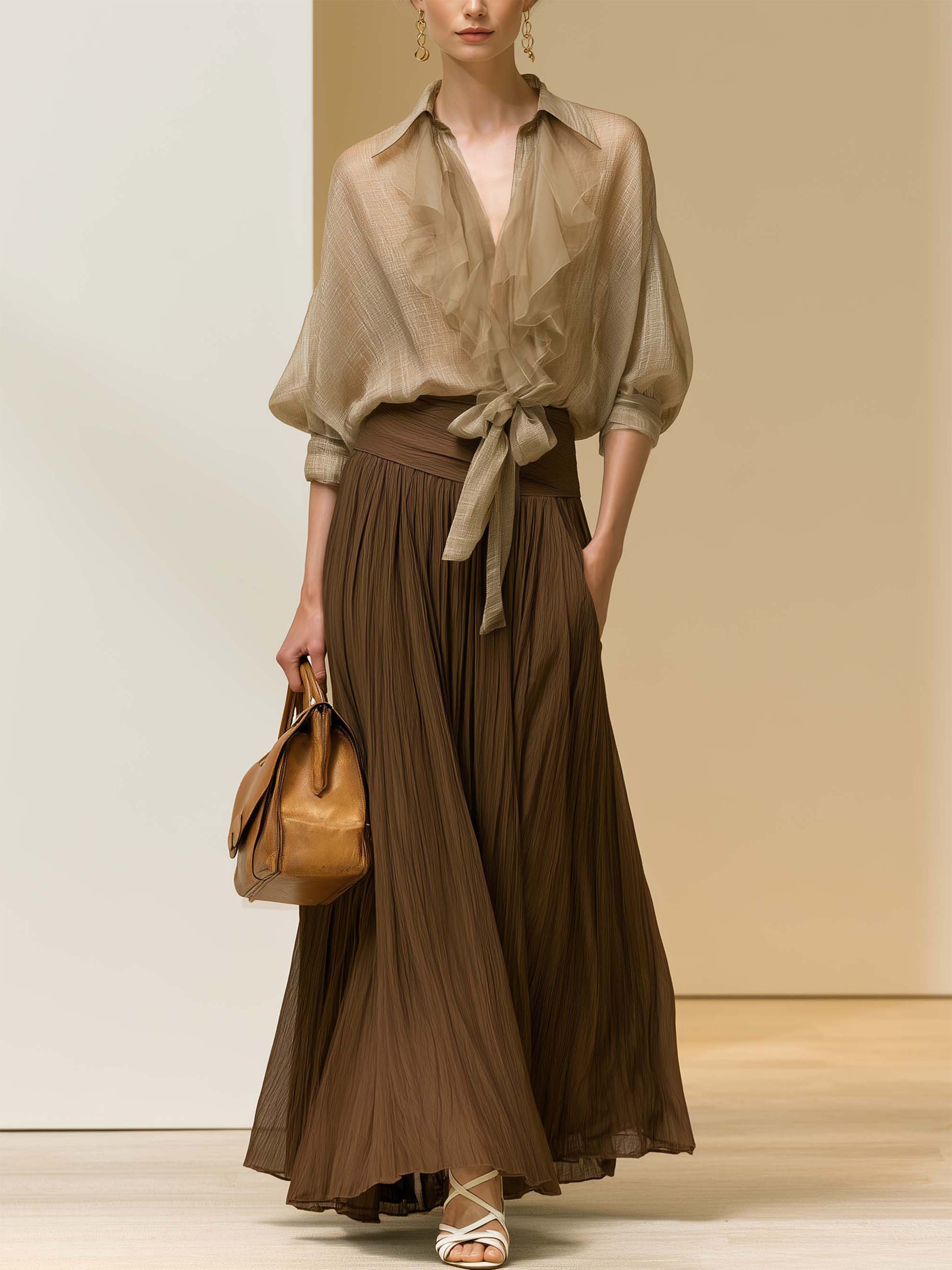 Elegant Beige Ruffle Tie Top Brown Crinkle Maxi Skirt Two-Piece Set