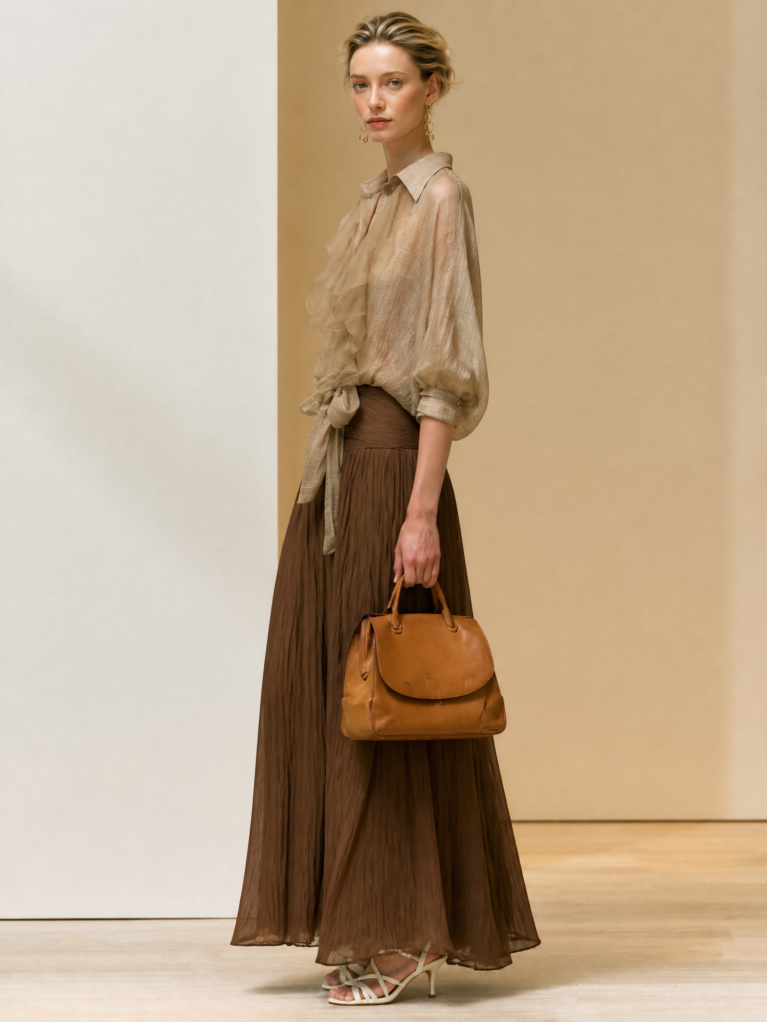 Elegant Beige Ruffle Tie Top Brown Crinkle Maxi Skirt Two-Piece Set