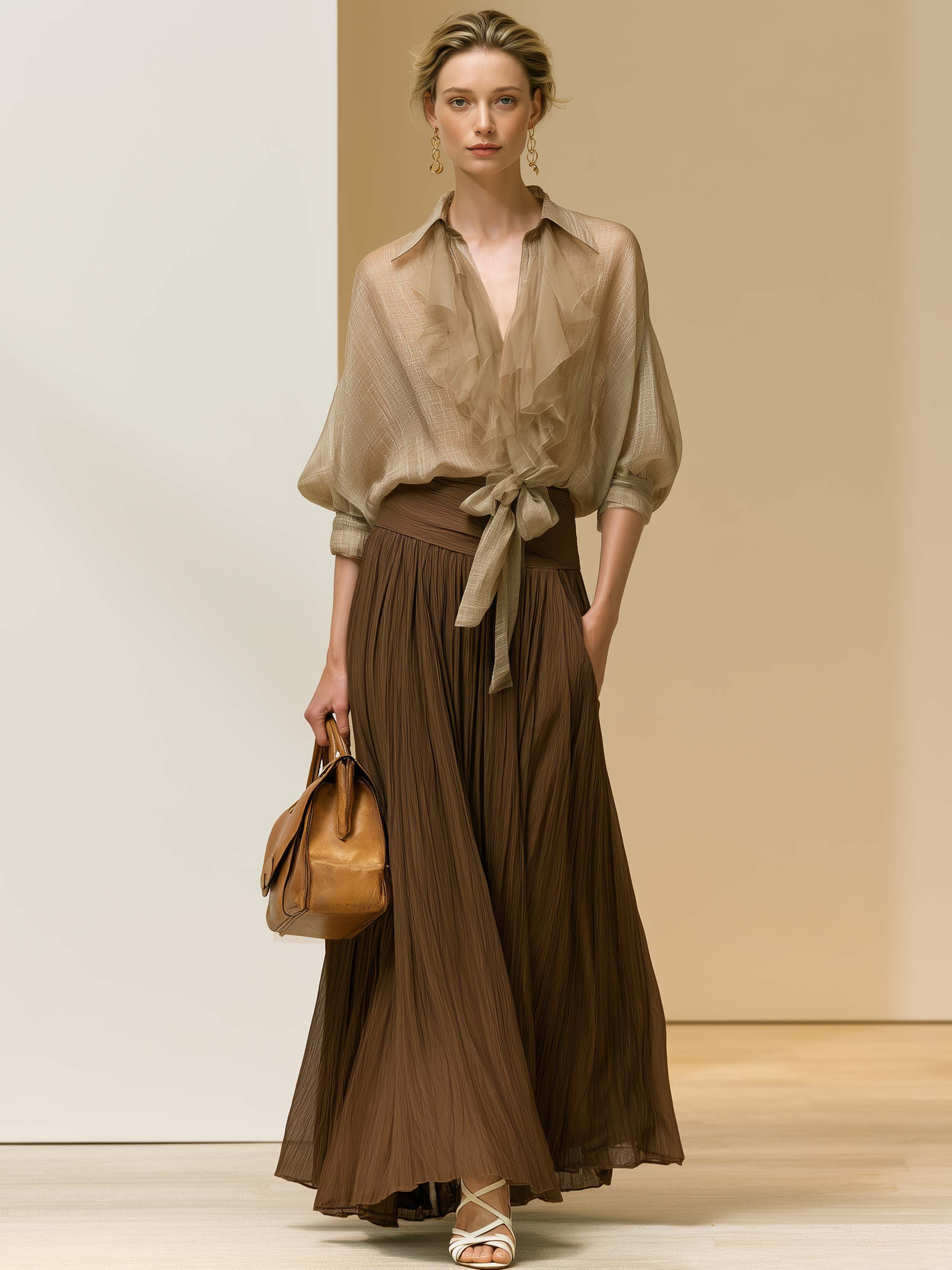 Elegant Beige Ruffle Tie Top Brown Crinkle Maxi Skirt Two-Piece Set