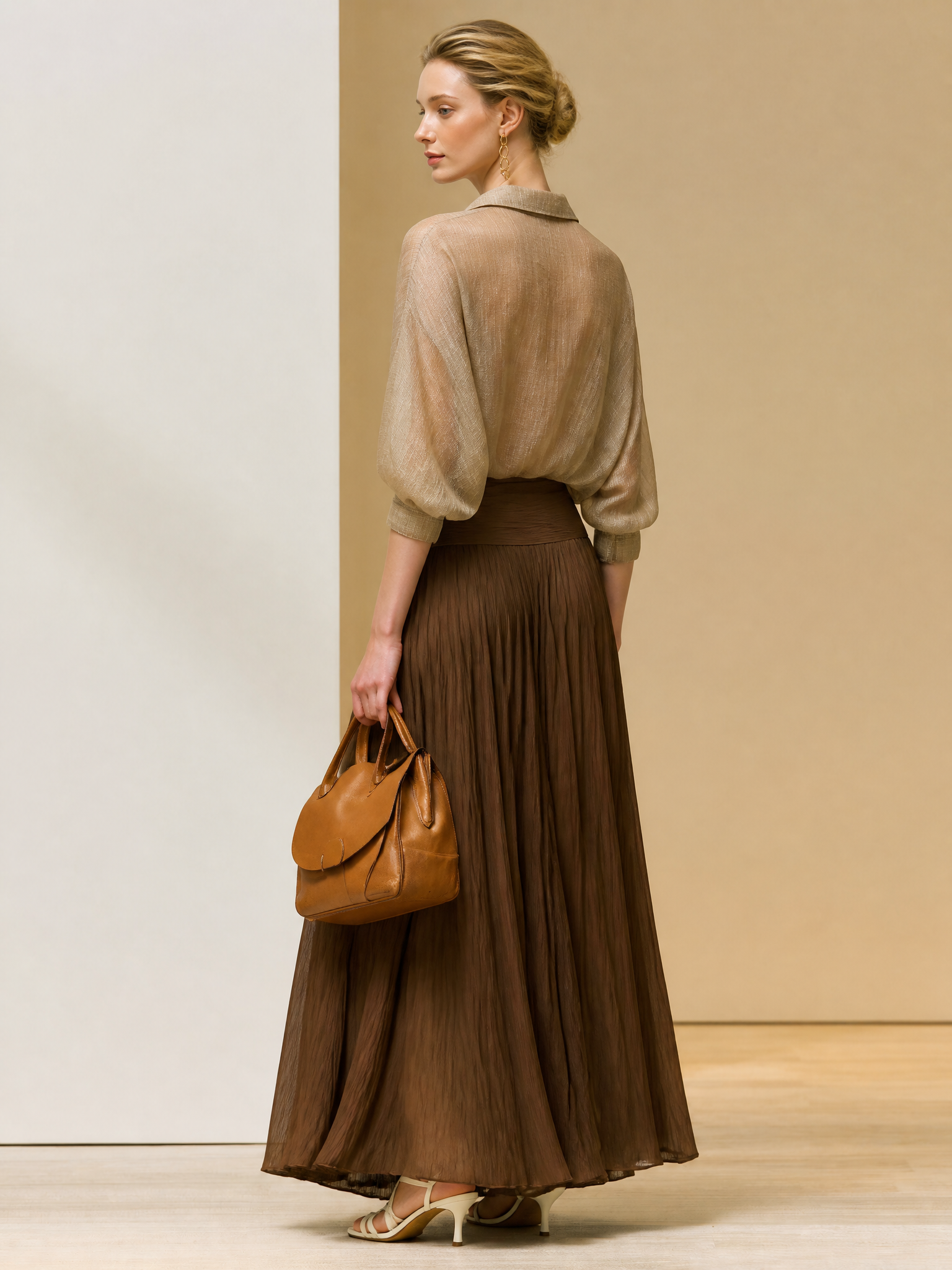 Elegant Beige Ruffle Tie Top Brown Crinkle Maxi Skirt Two-Piece Set