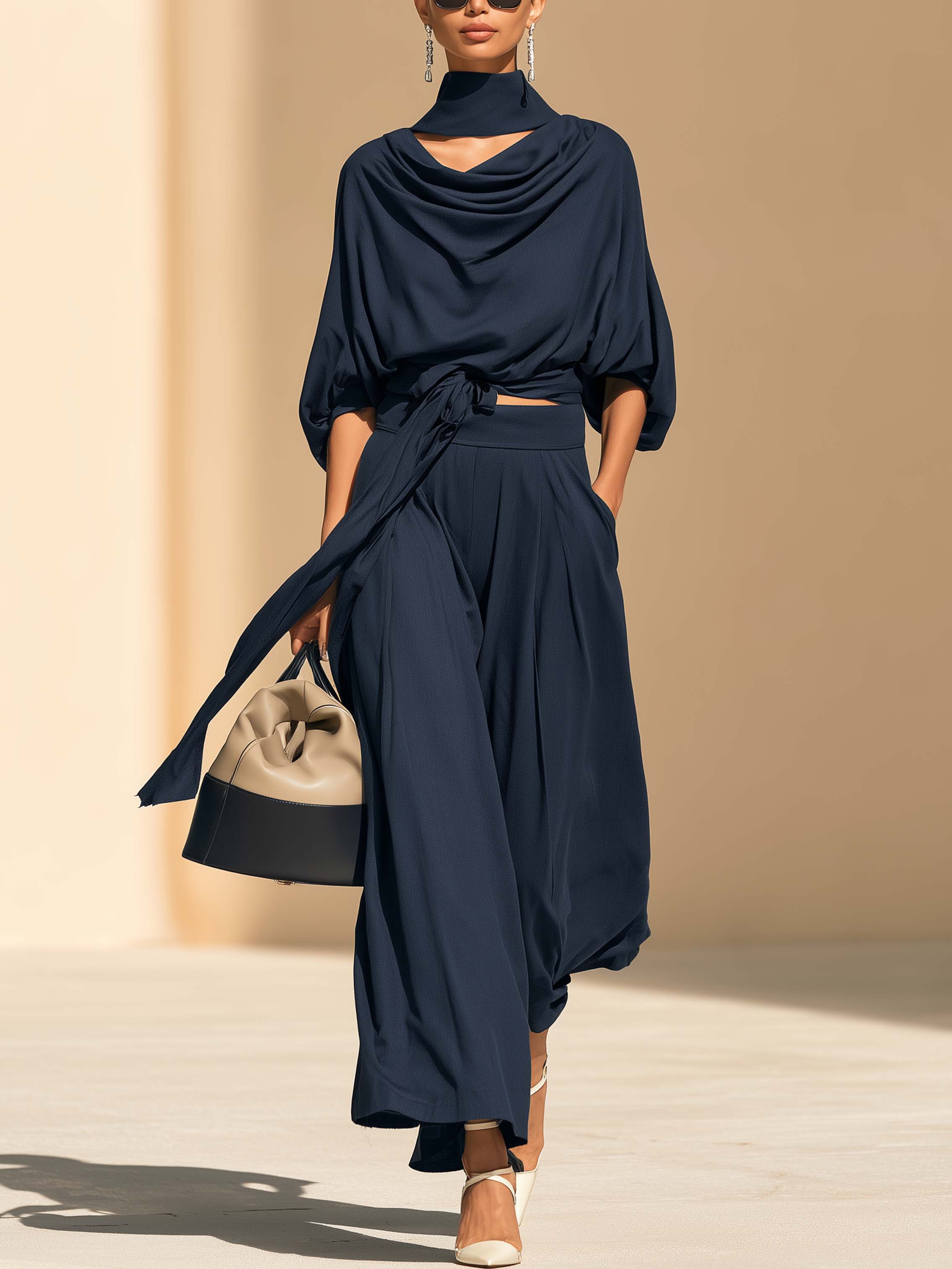 Elegant Drape Navy Cowl Neck Tie Waist Top Wide Leg Pants Two-Piece Set