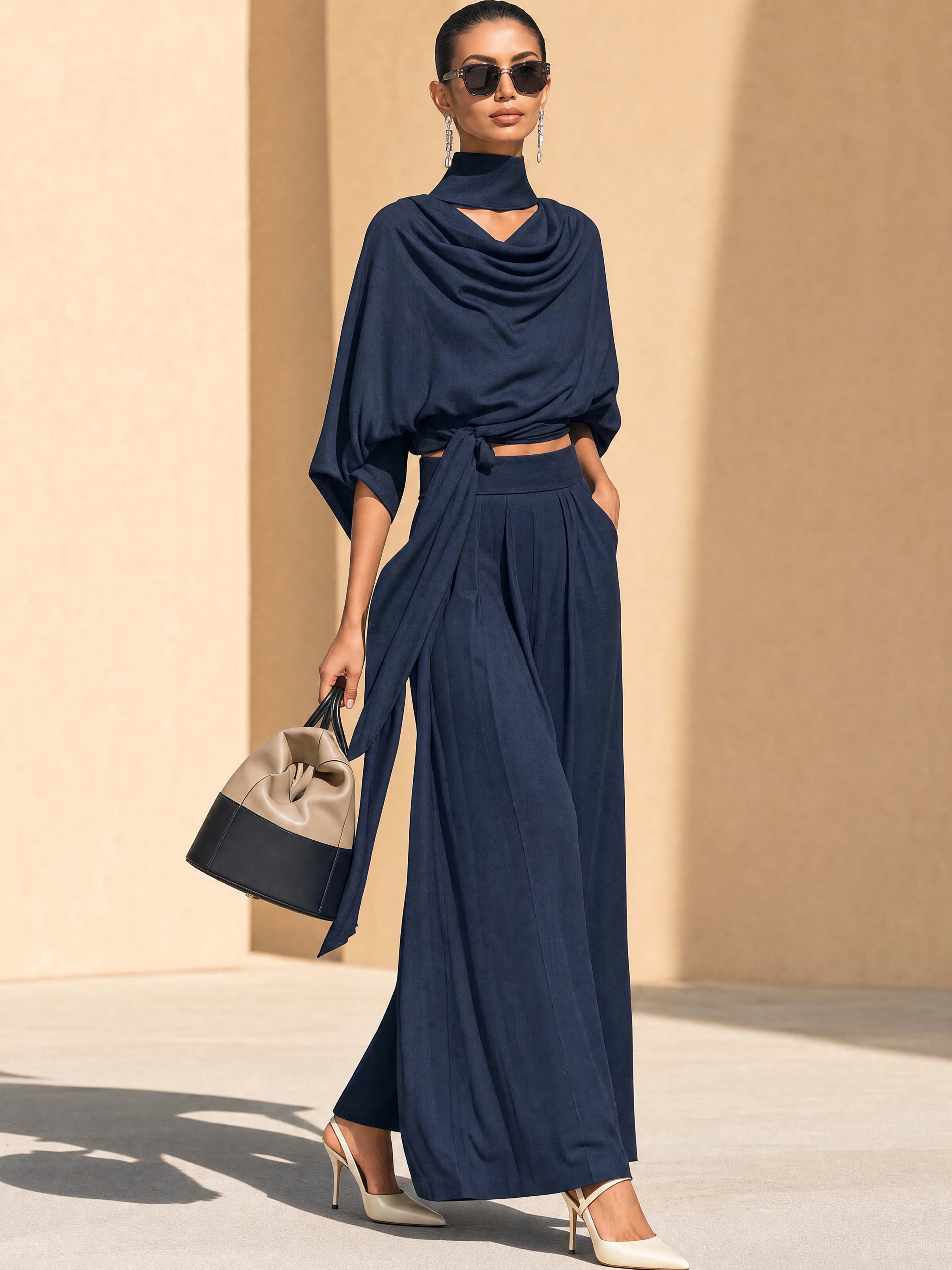 Elegant Drape Navy Cowl Neck Tie Waist Top Wide Leg Pants Two-Piece Set