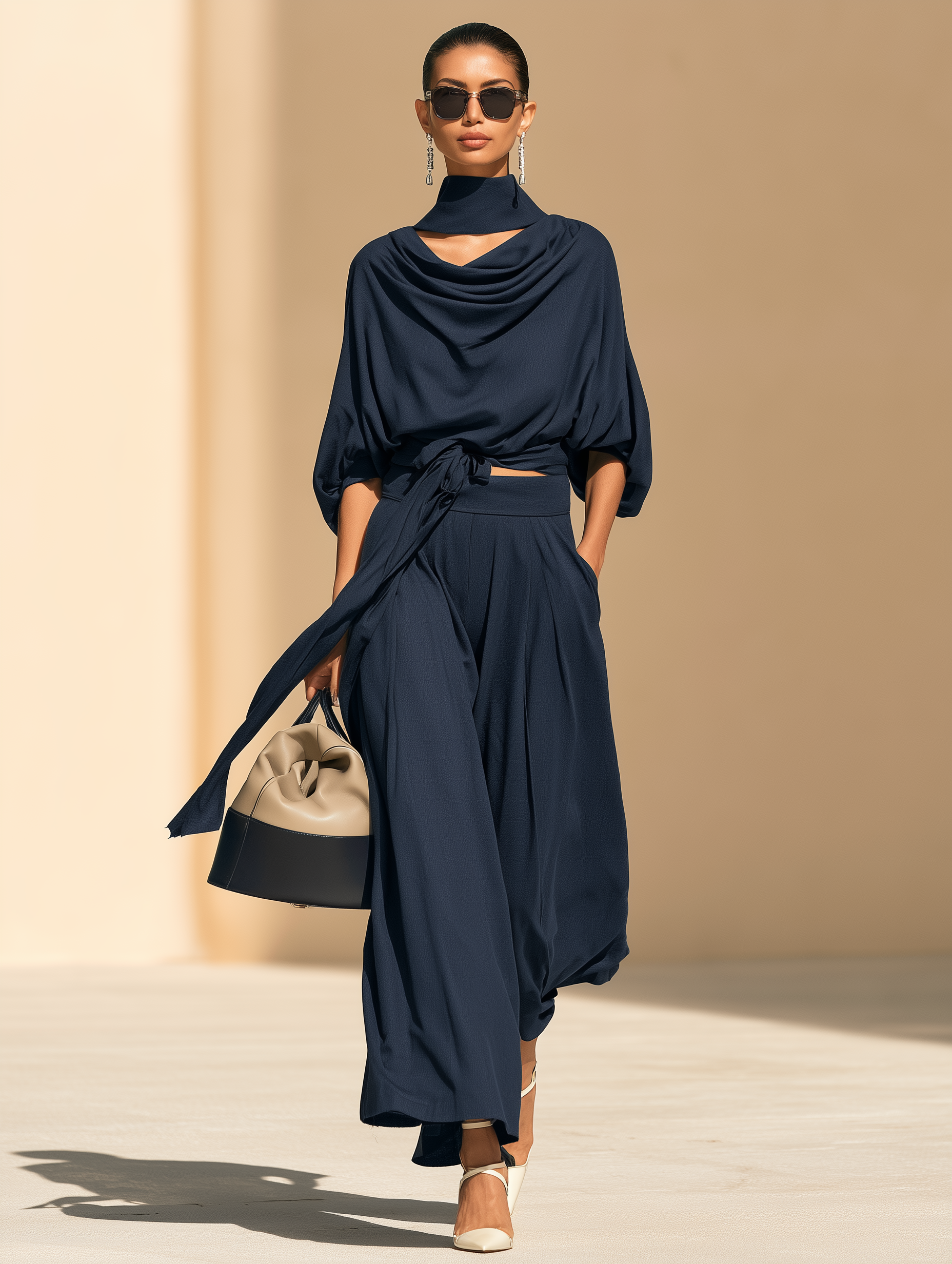 Elegant Drape Navy Cowl Neck Tie Waist Top Wide Leg Pants Two-Piece Set