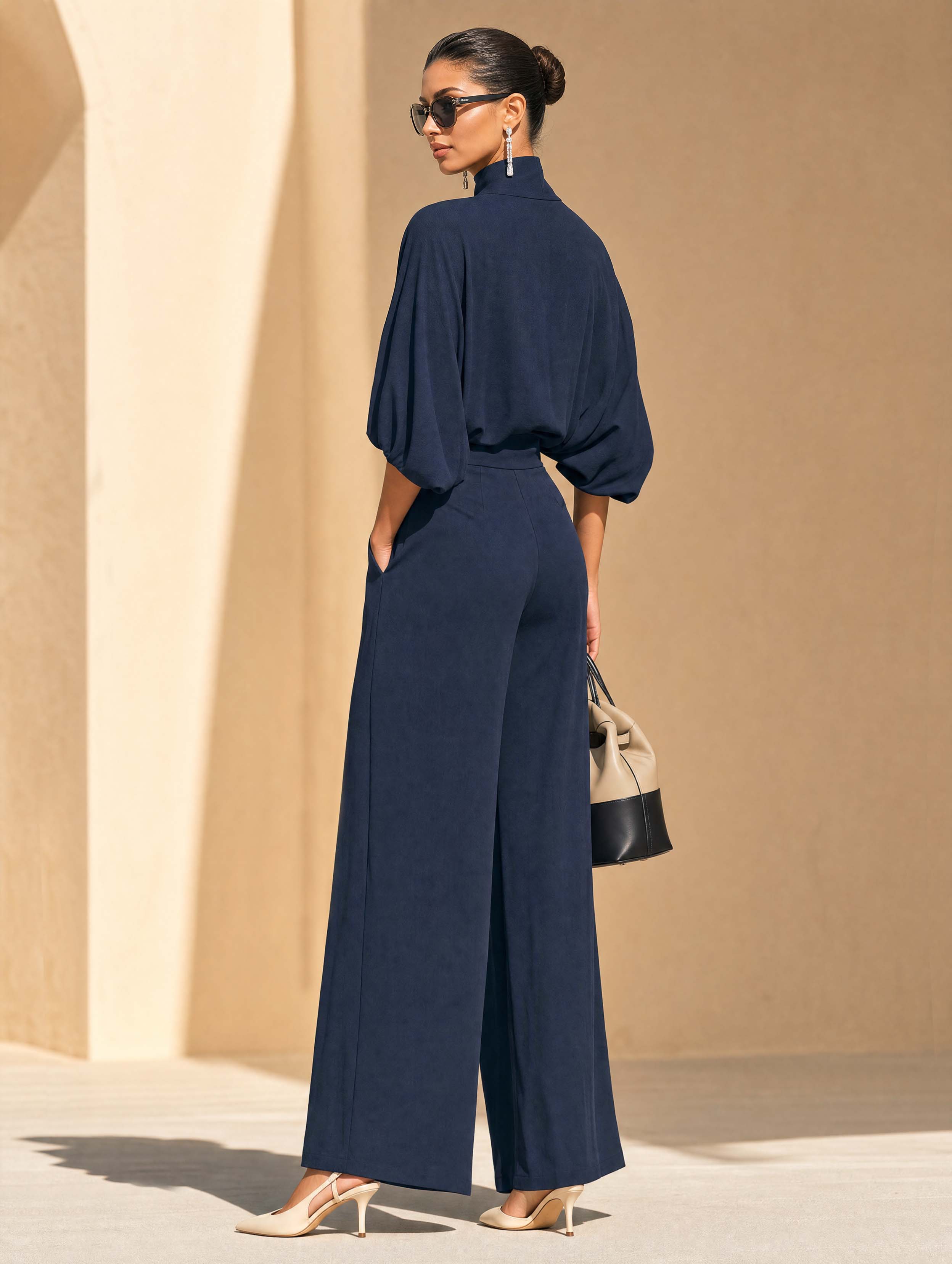 Elegant Drape Navy Cowl Neck Tie Waist Top Wide Leg Pants Two-Piece Set