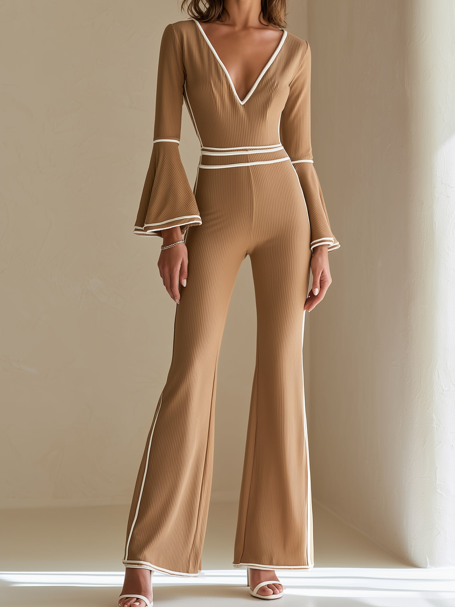 Elegant Khaki Knitted V-neck Bodysuit With Flared Sleeves And Striped Detailing.