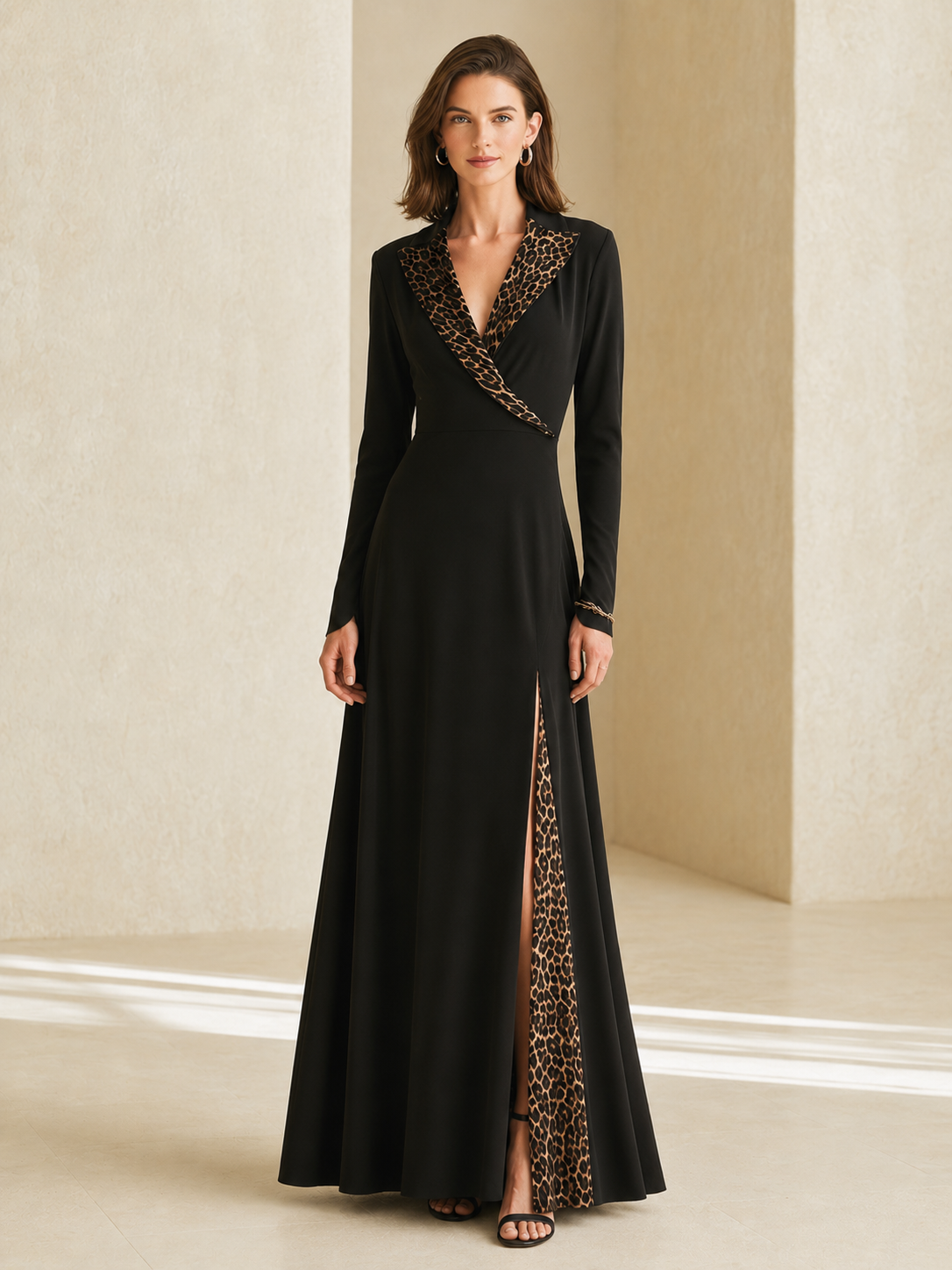 Elegant Black Long-sleeved Maxi Dress With A V-neck And Leopard-print Paneling.