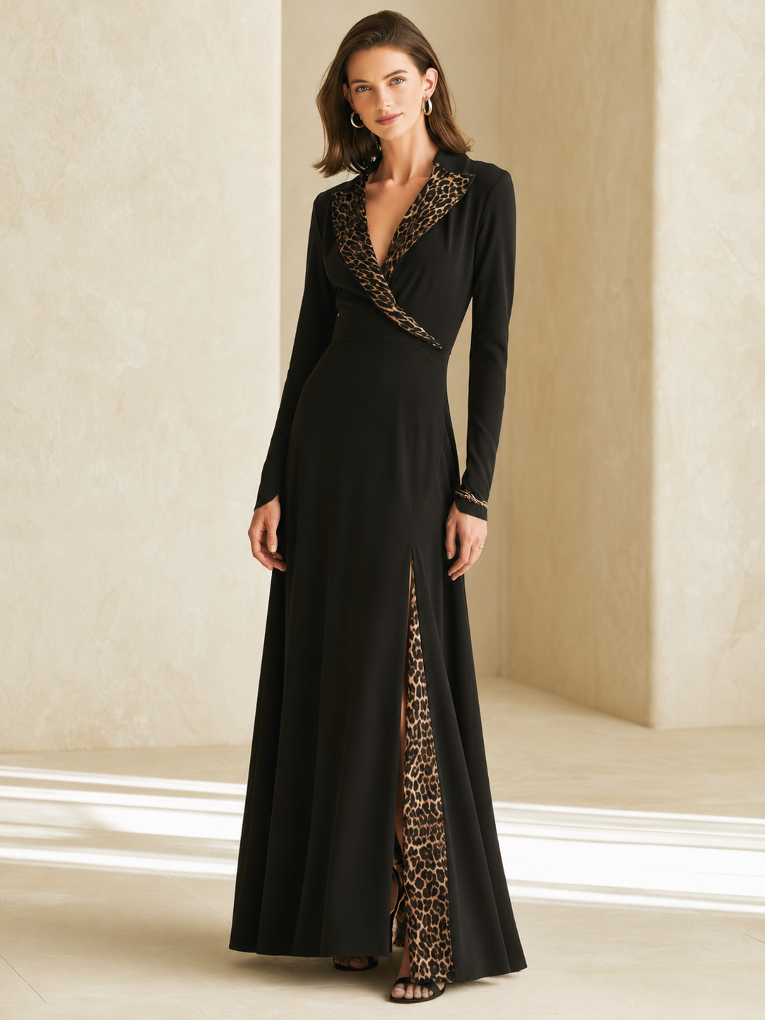 Elegant Black Long-sleeved Maxi Dress With A V-neck And Leopard-print Paneling.