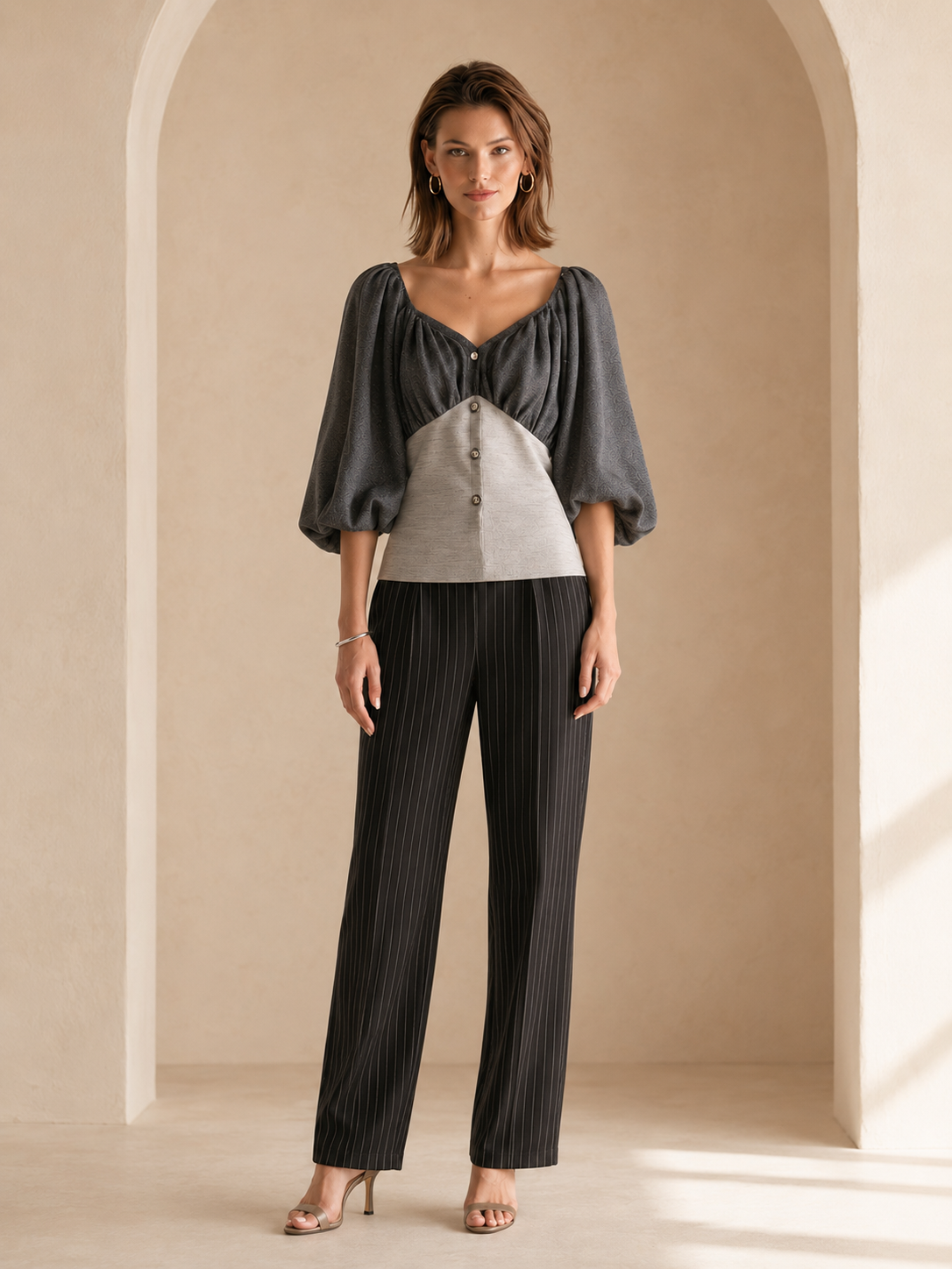 Elegant Grey Color-block V-neck Puff-sleeve Top