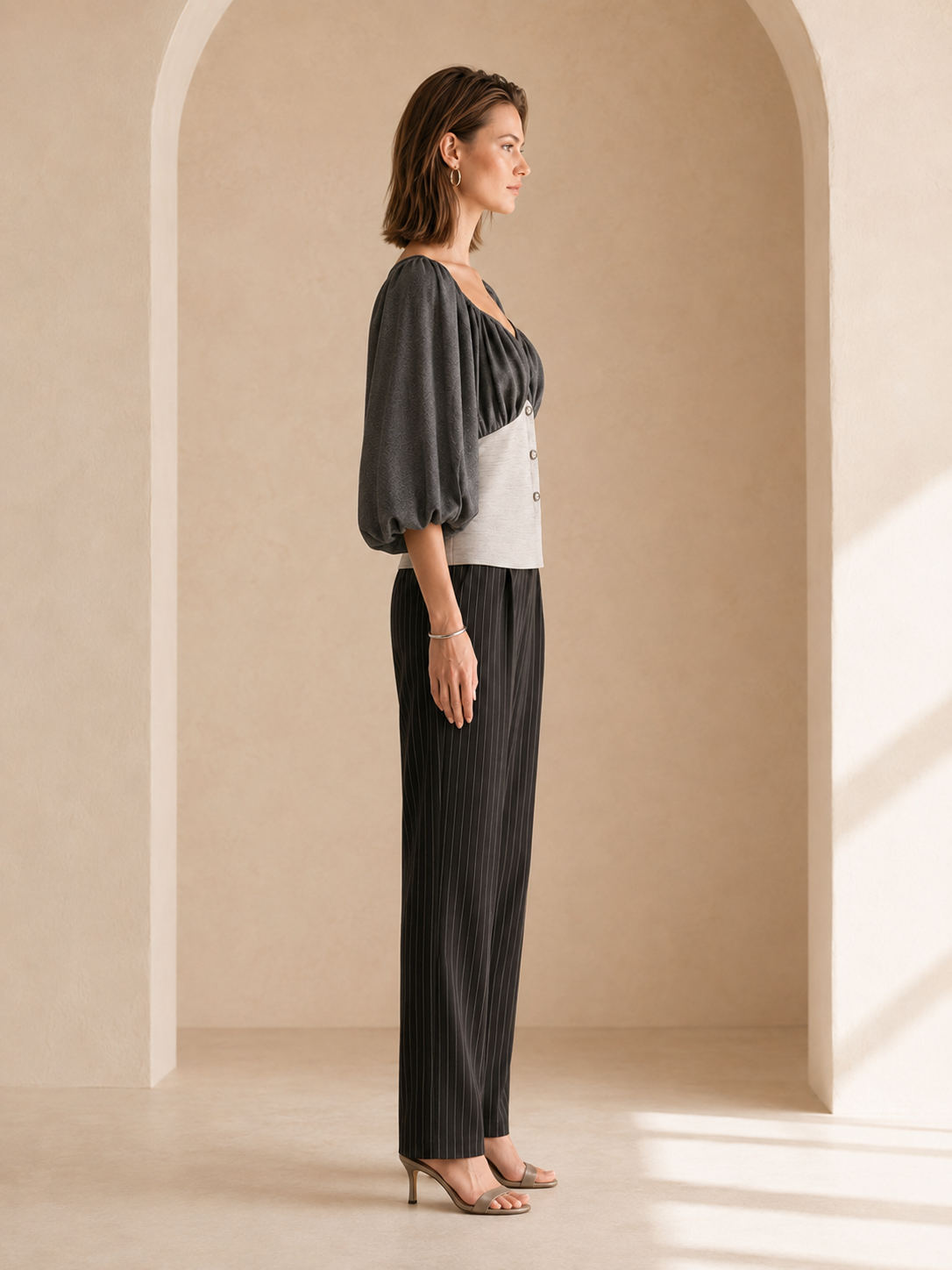 Elegant Grey Color-block V-neck Puff-sleeve Top