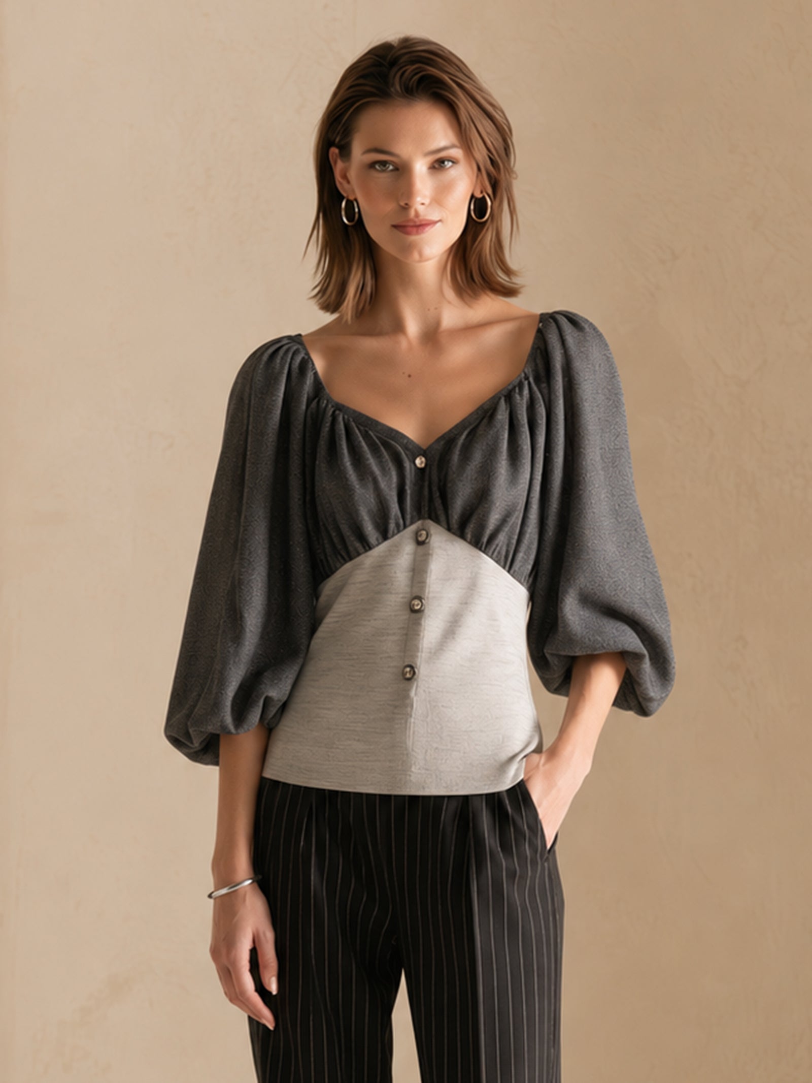 Elegant Grey Color-block V-neck Puff-sleeve Top