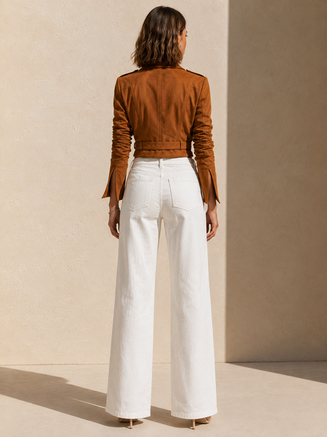Brown Suede Cropped Jacket With Button-detailed Lapels