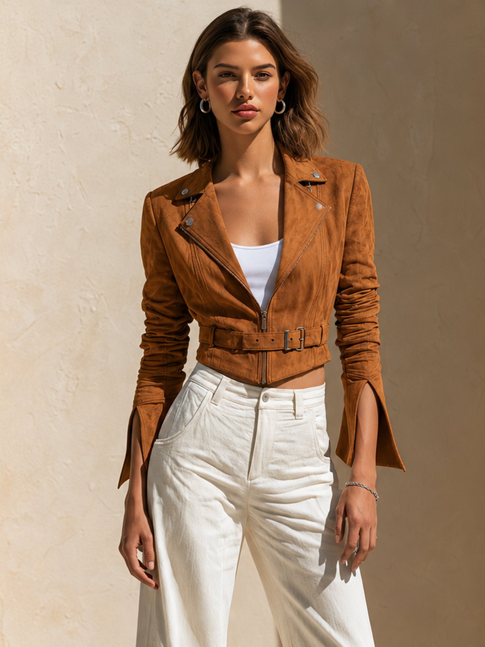 Brown Suede Cropped Jacket With Button-detailed Lapels