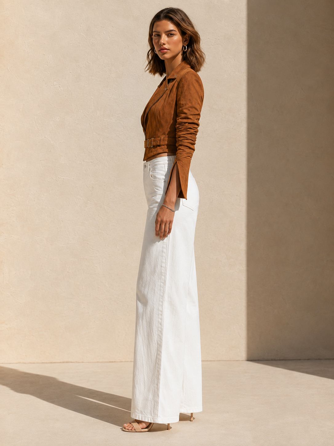 Brown Suede Cropped Jacket With Button-detailed Lapels