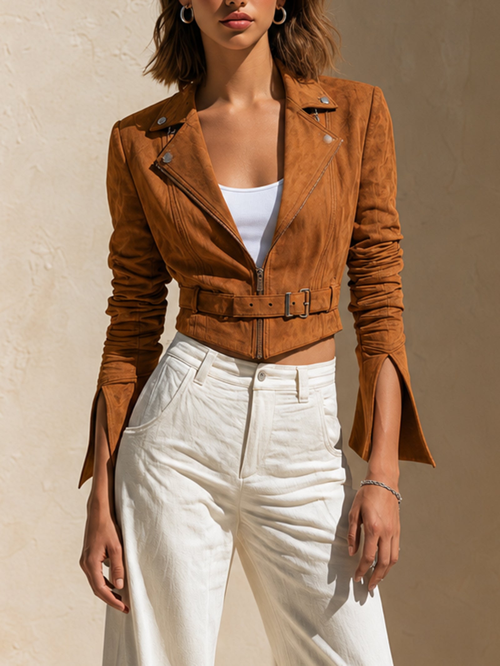 Brown Suede Cropped Jacket With Button-detailed Lapels