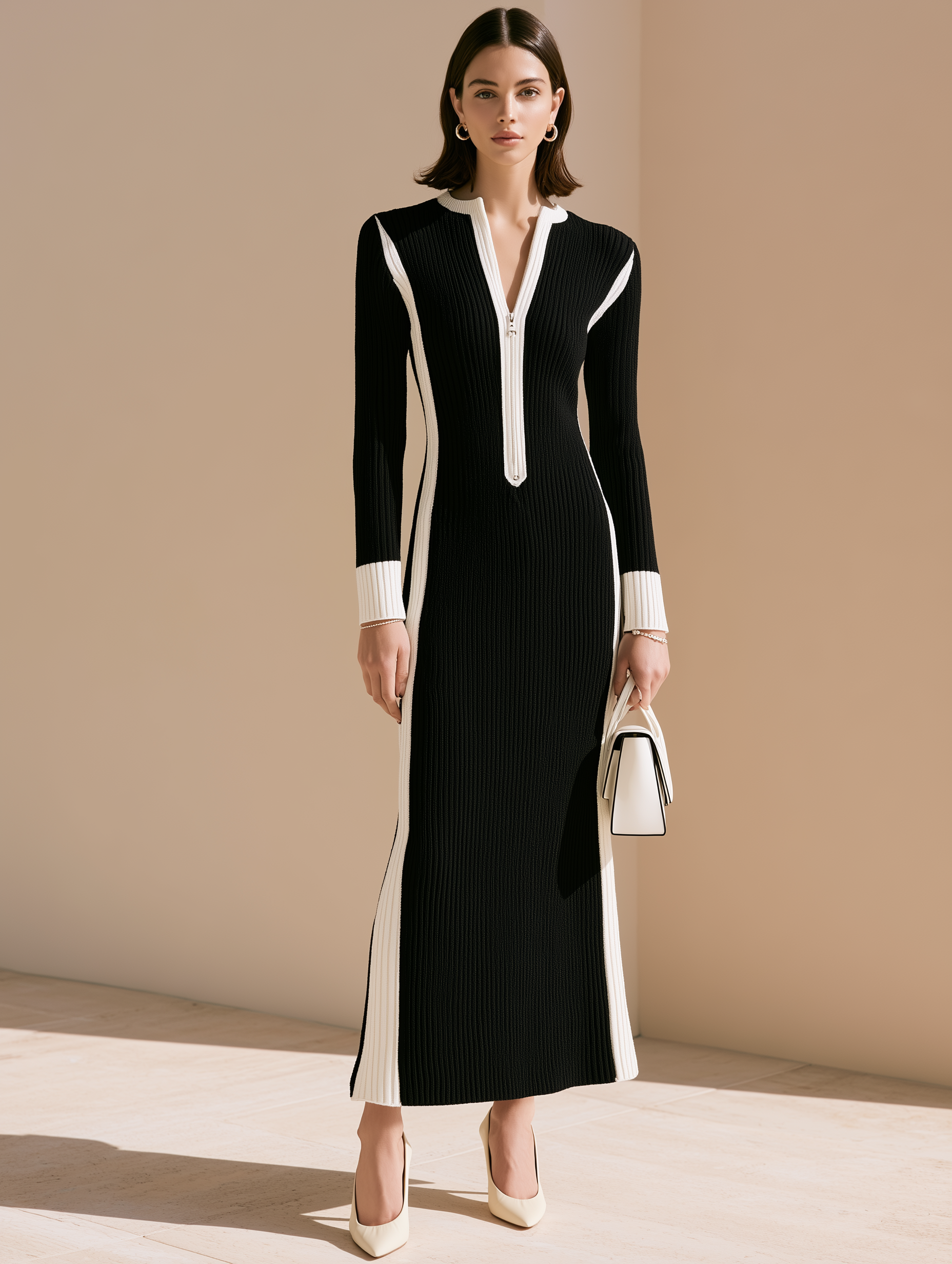Elegant Black-and-white Striped Knit Dress With Contrasting Colors.