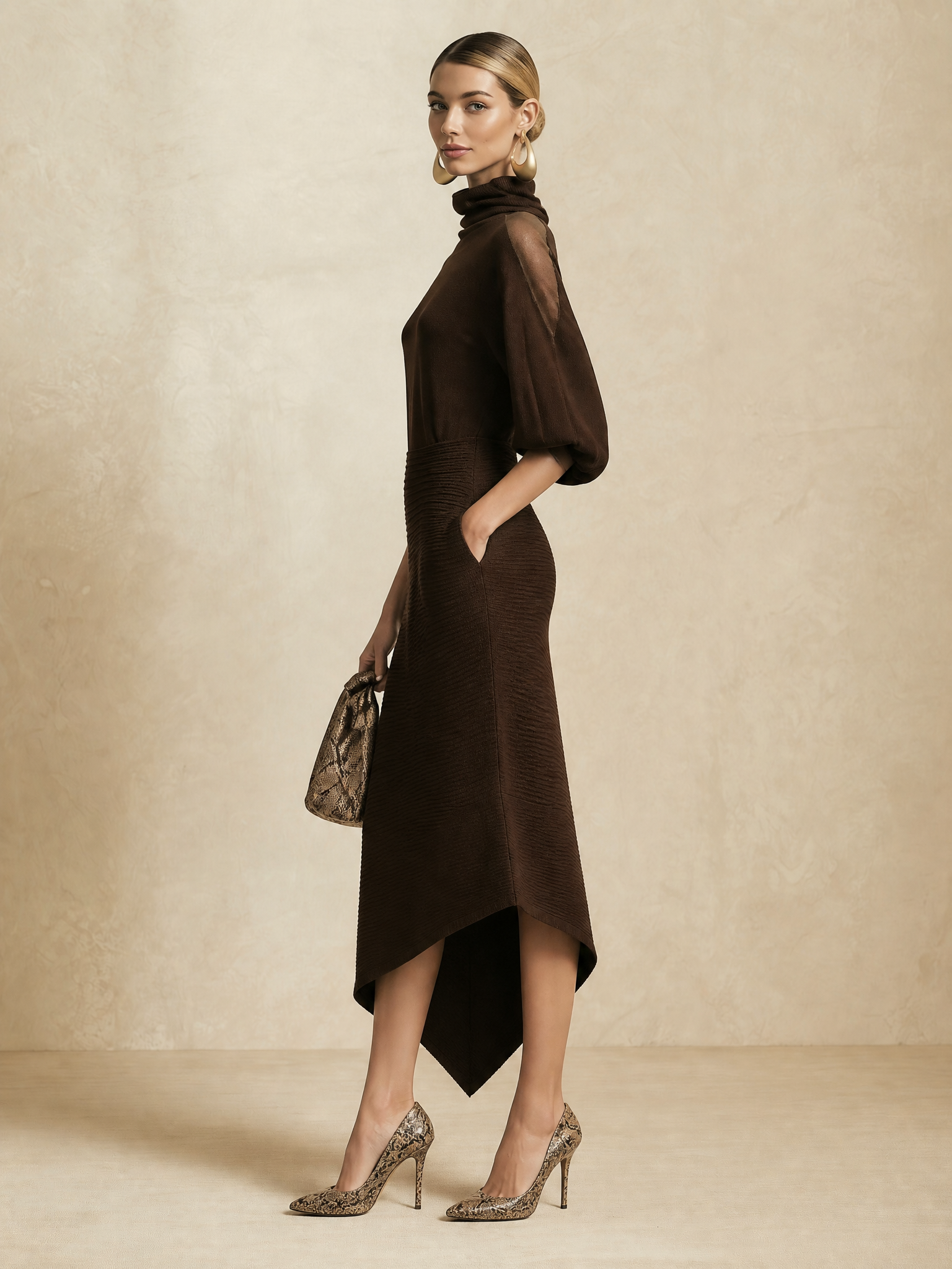 Elegant Chocolate Turtleneck Mesh Panel Knit Midi Dress