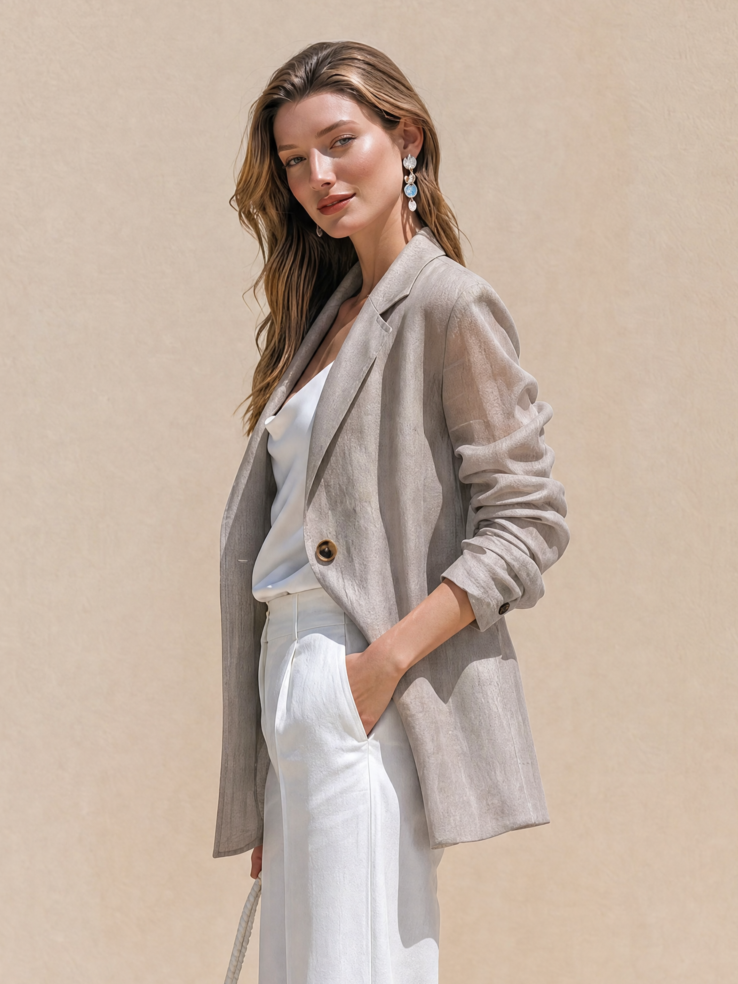 Elegant Taupe Sheer Blazer Jacket