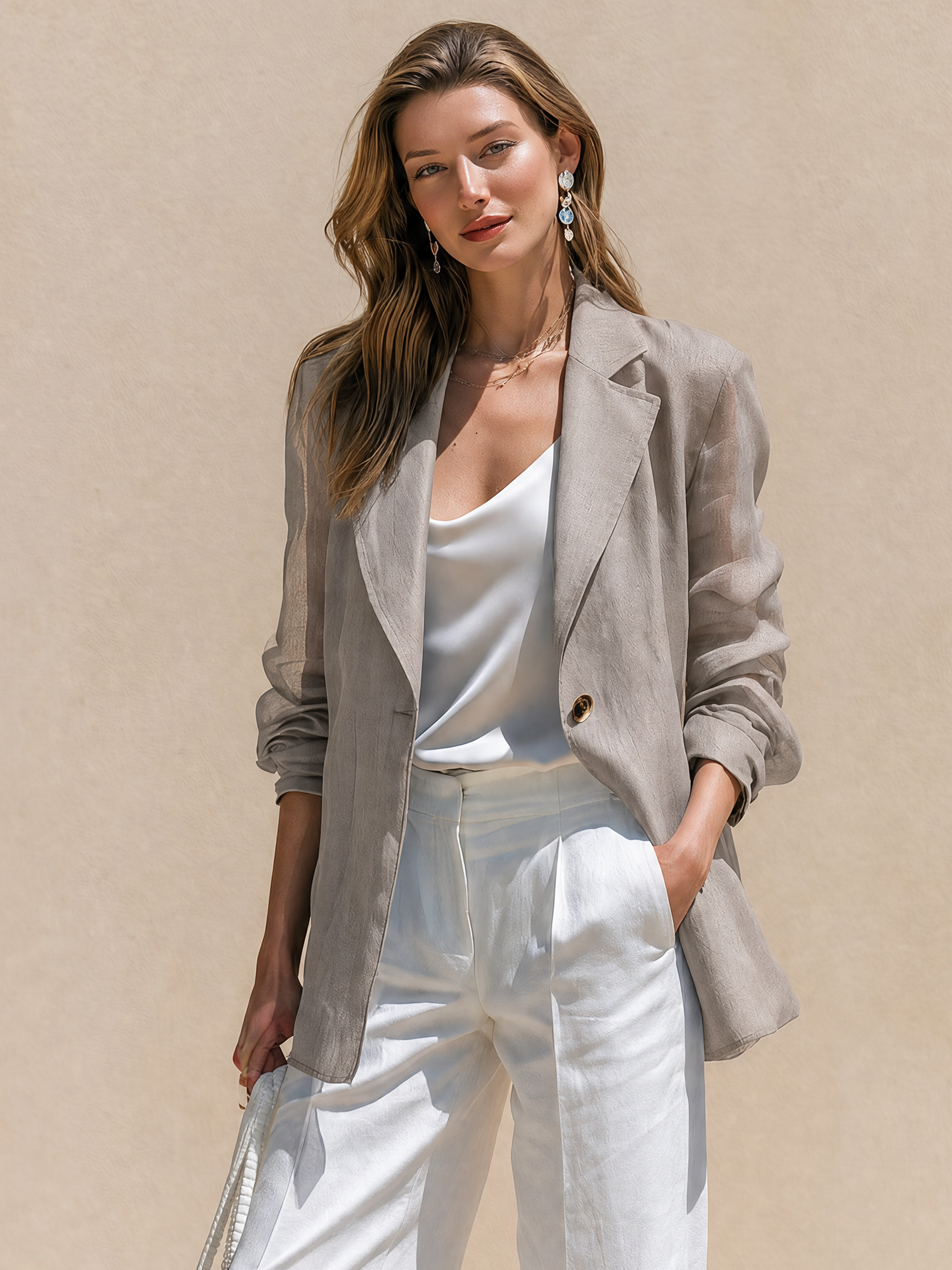 Elegant Taupe Sheer Blazer Jacket