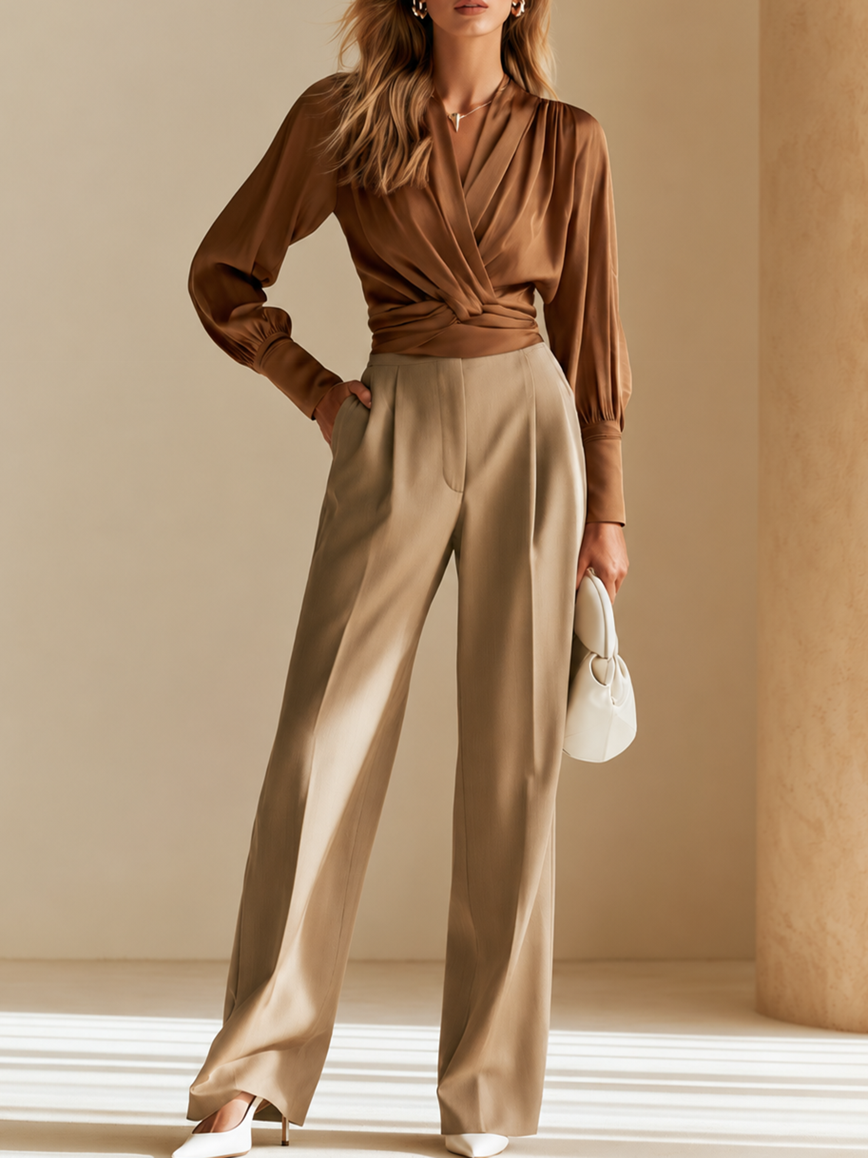 Elegant Brown Wrap V-Neck Blouse & Tailored Pants Set