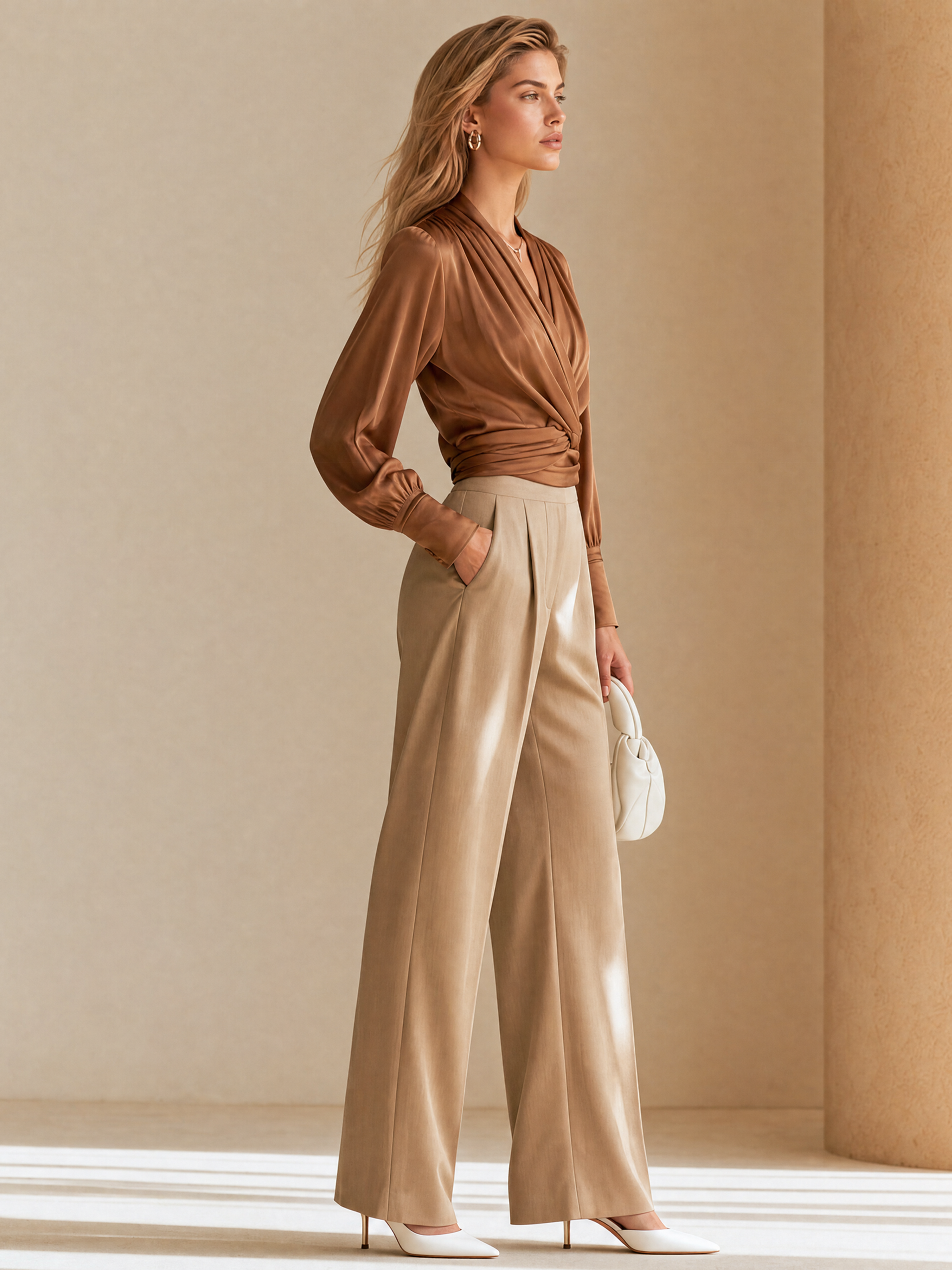 Elegant Brown Wrap V-Neck Blouse & Tailored Pants Set