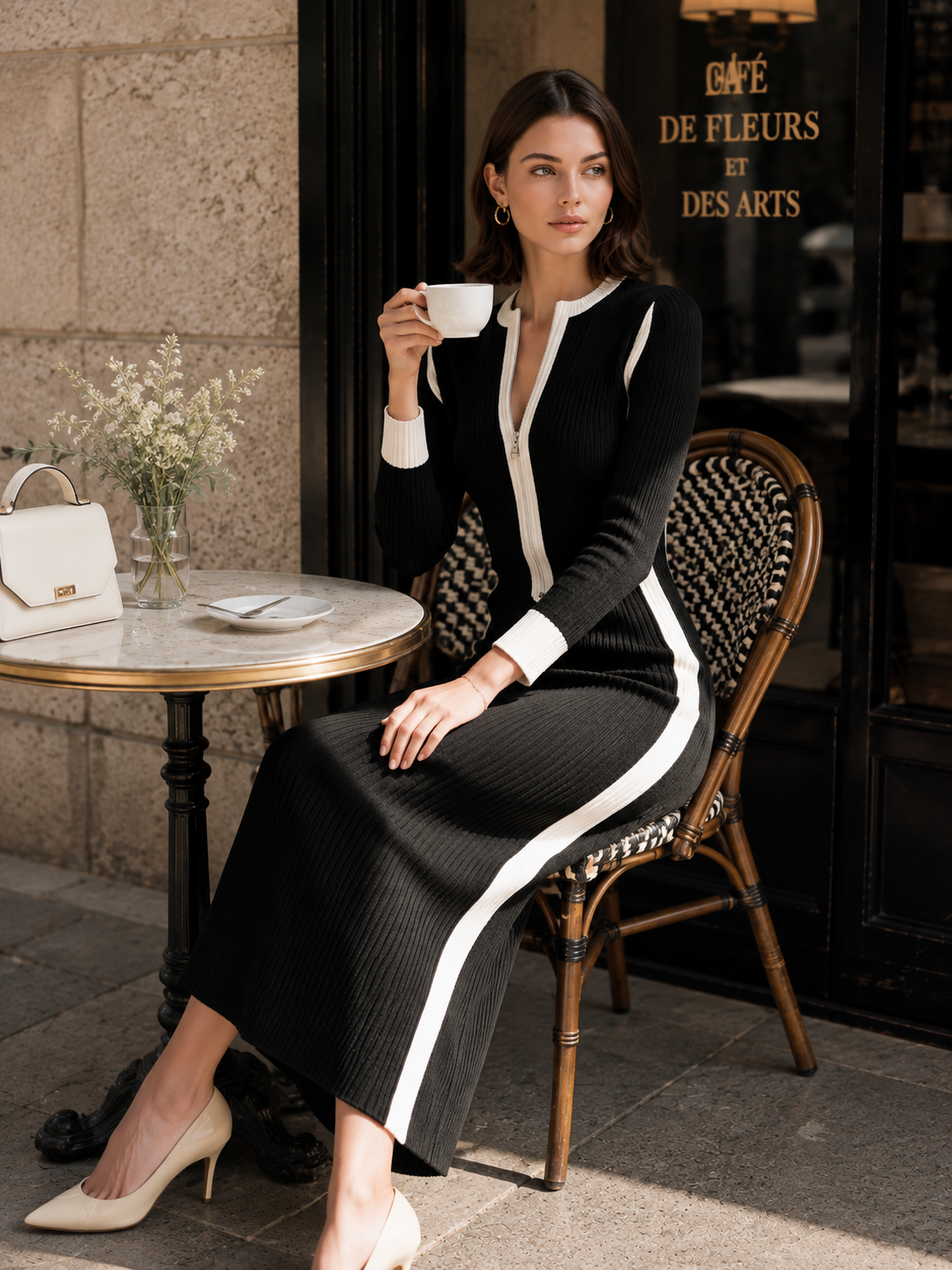 Elegant Black-and-white Striped Knit Dress With Contrasting Colors.