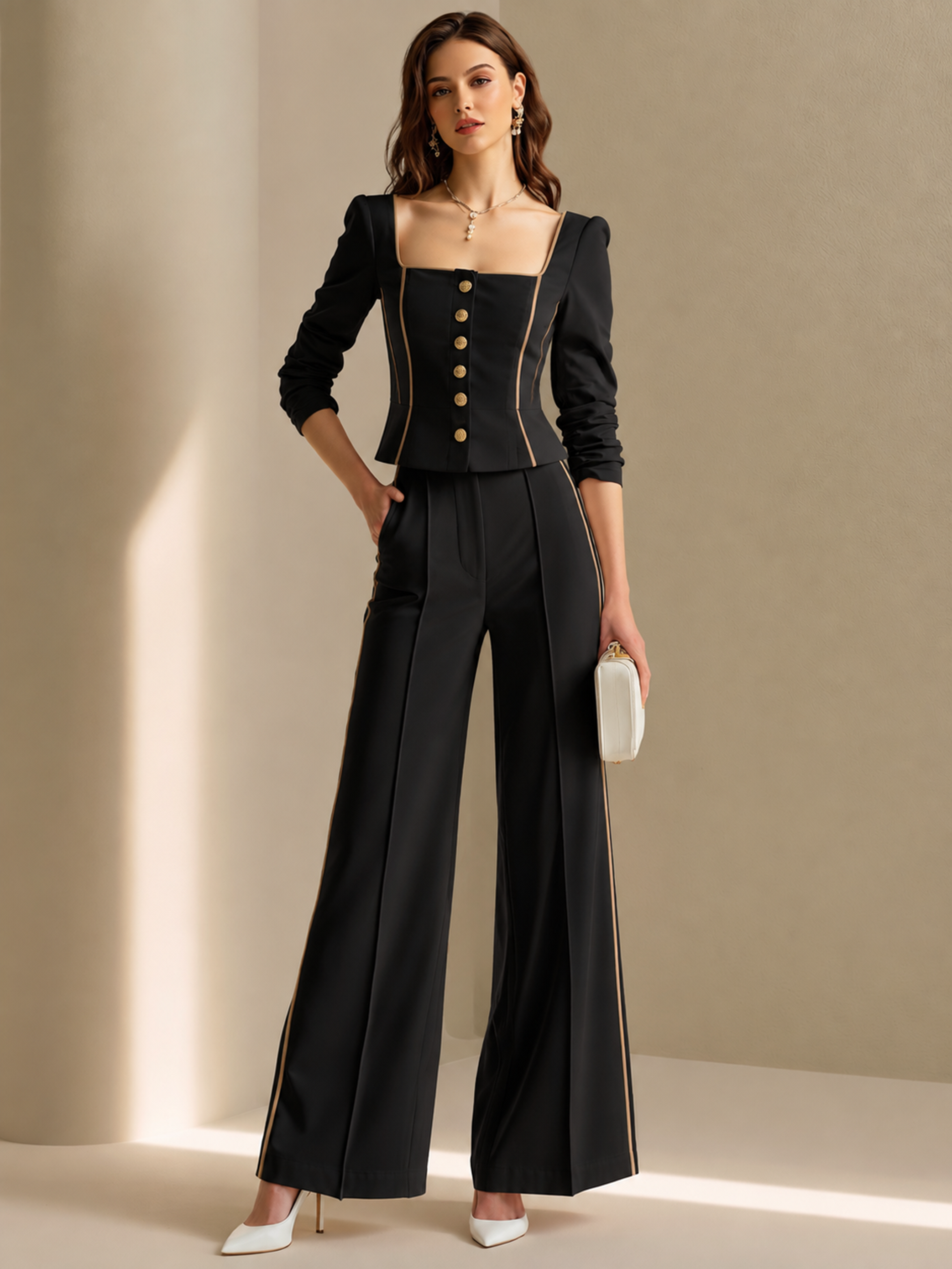Elegant Black Contrast Piping Square Neck Top & Wide Leg Pants Set