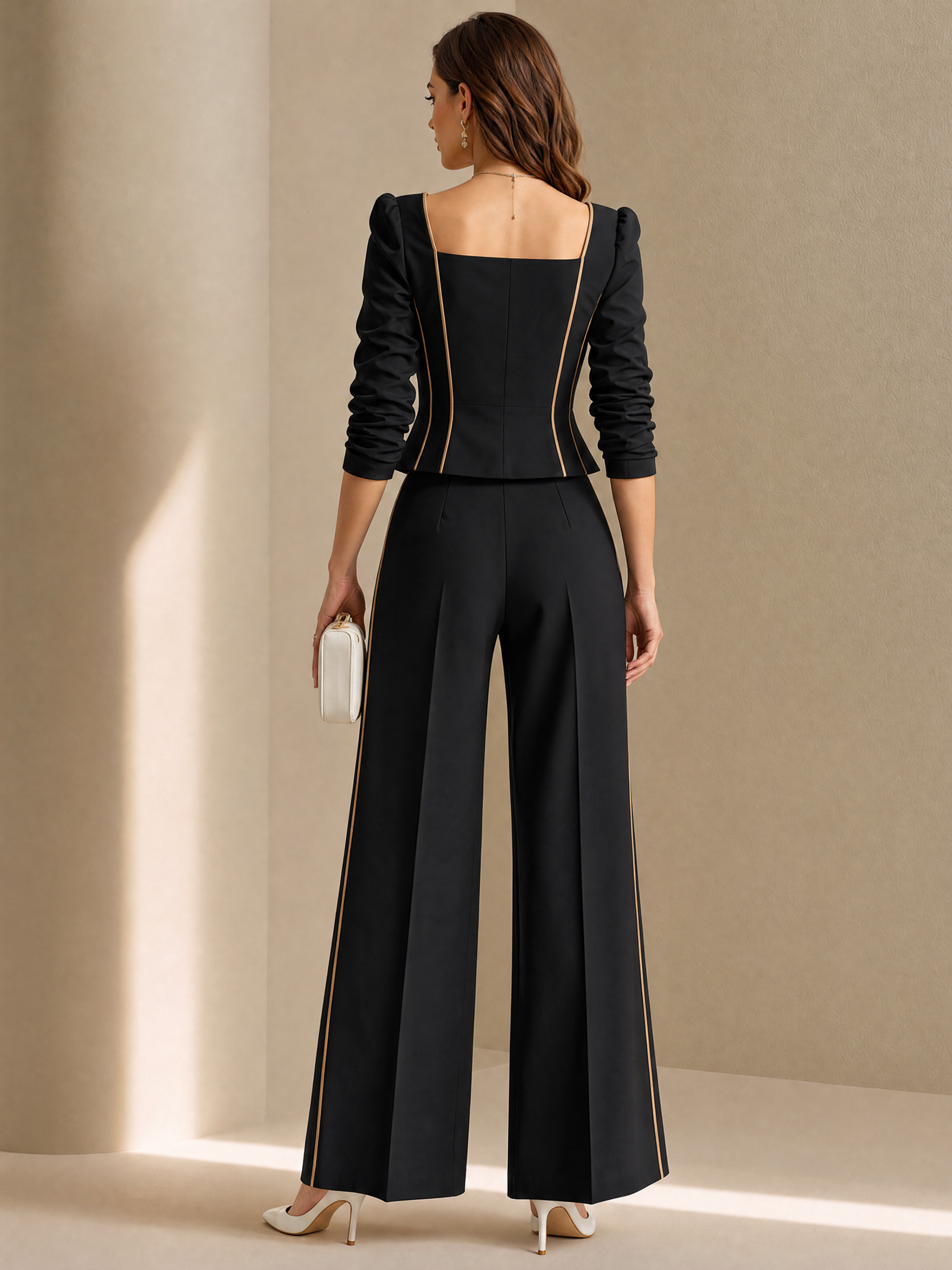 Elegant Black Contrast Piping Square Neck Top & Wide Leg Pants Set