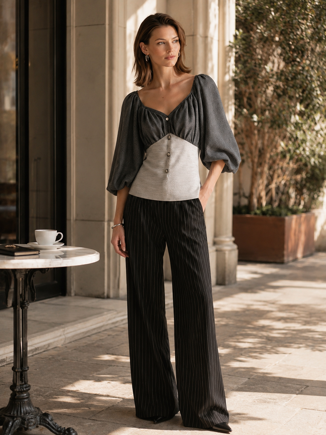 Elegant Grey Color-block V-neck Puff-sleeve Top