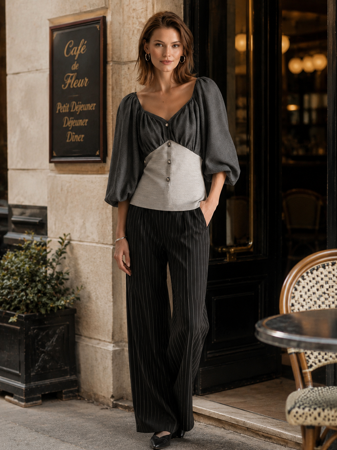 Elegant Grey Color-block V-neck Puff-sleeve Top