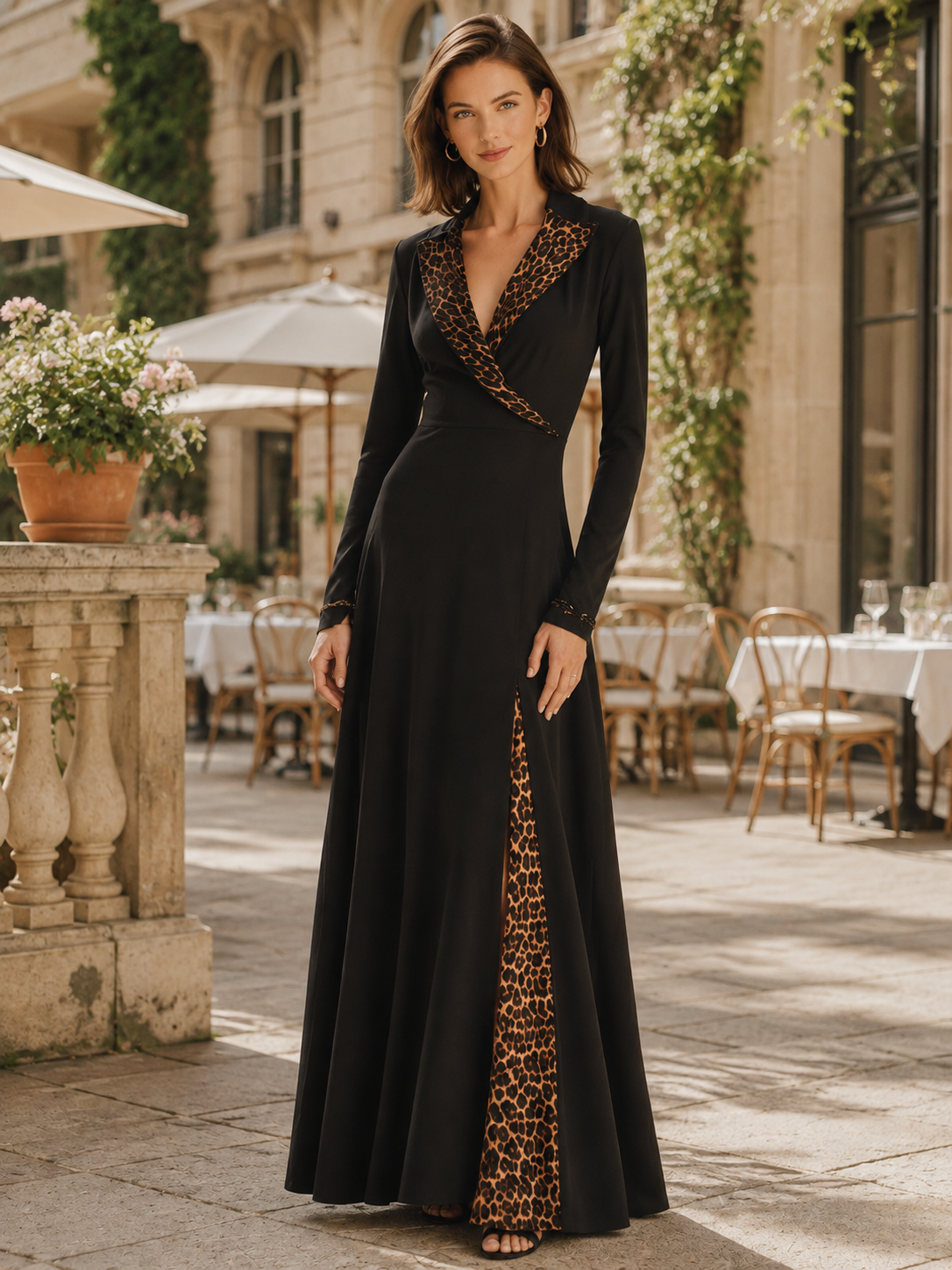 Elegant Black Long-sleeved Maxi Dress With A V-neck And Leopard-print Paneling.