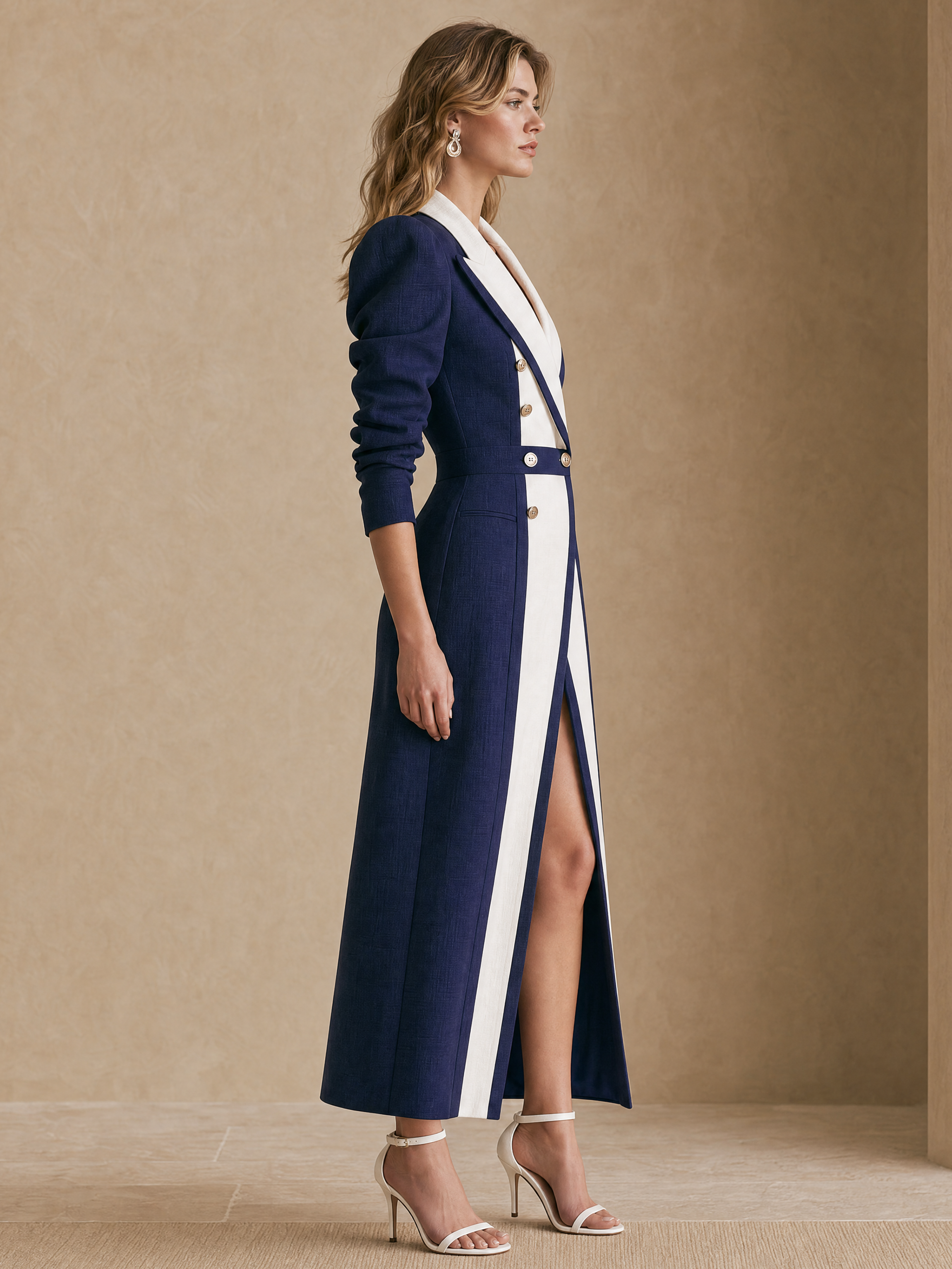 Elegant Navy Blue & White Contrast Longline Blazer Coat