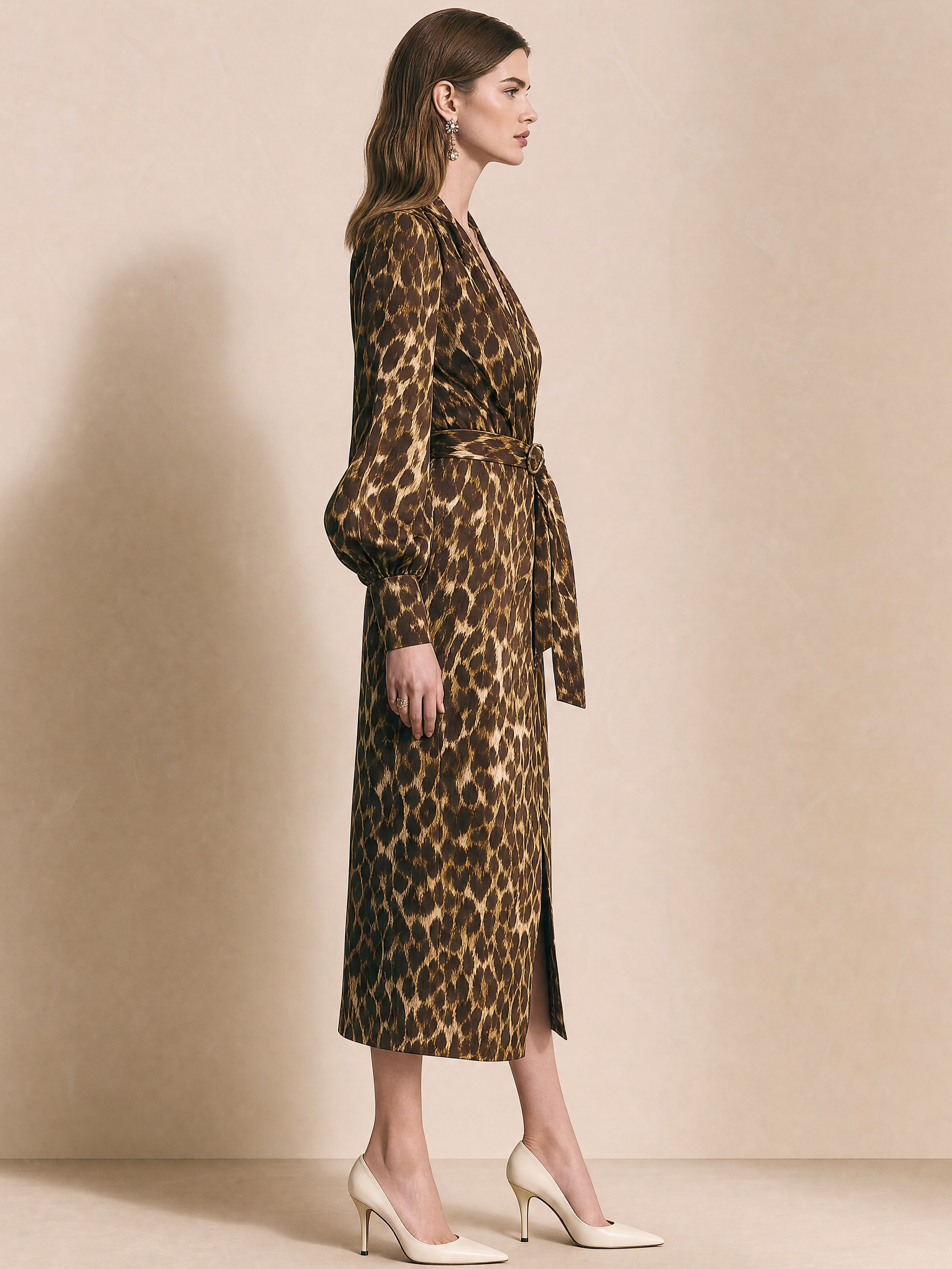 Elegant Leopard Print V-Neck Long Sleeve Midi Dress