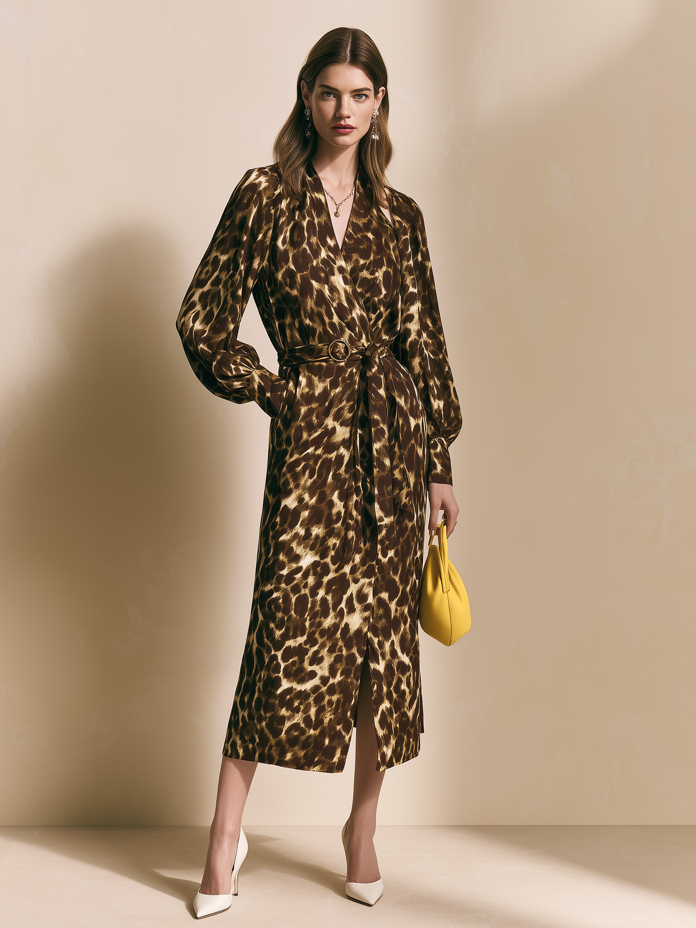 Elegant Leopard Print V-Neck Long Sleeve Midi Dress