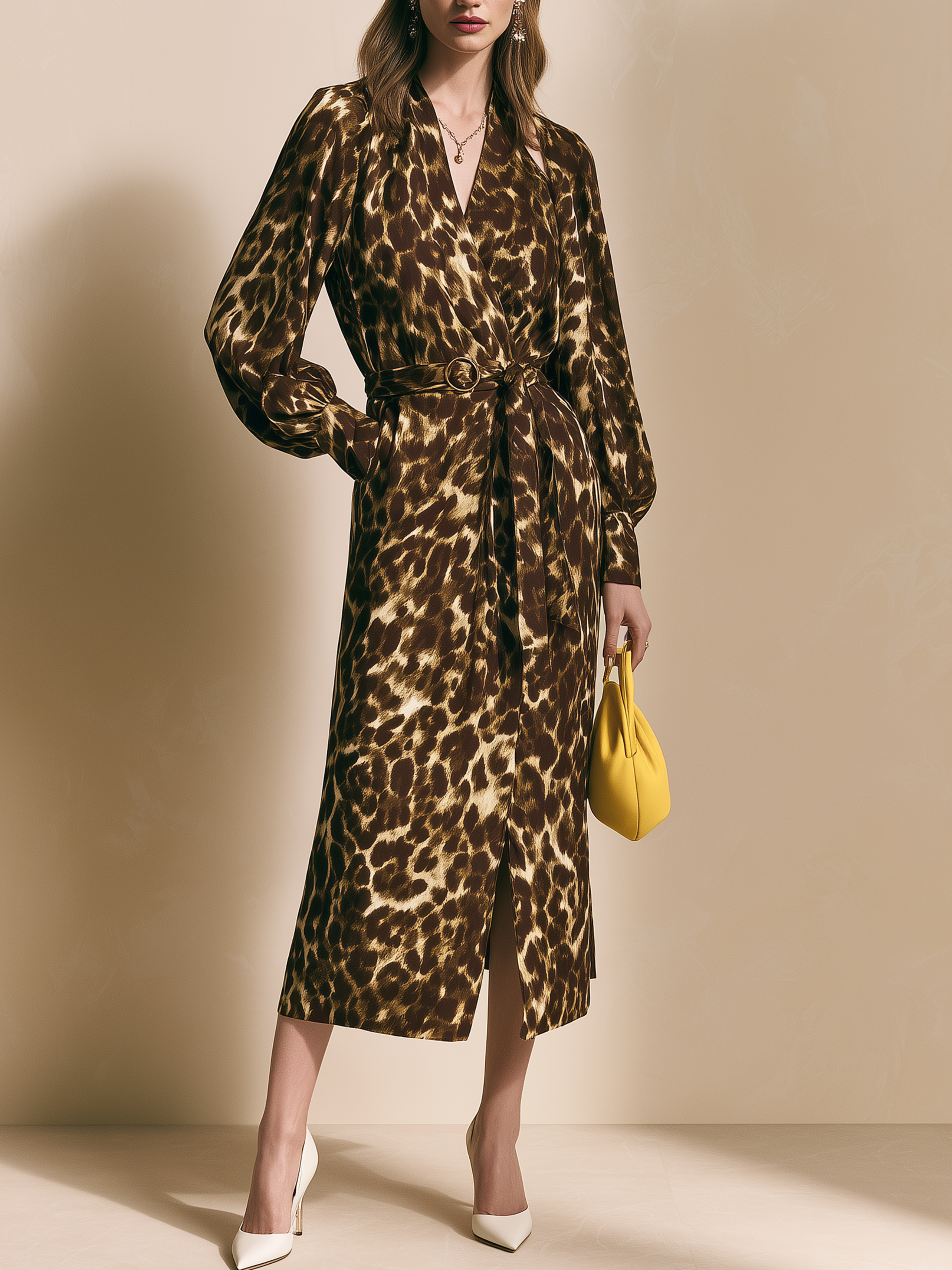 Elegant Leopard Print V-Neck Long Sleeve Midi Dress