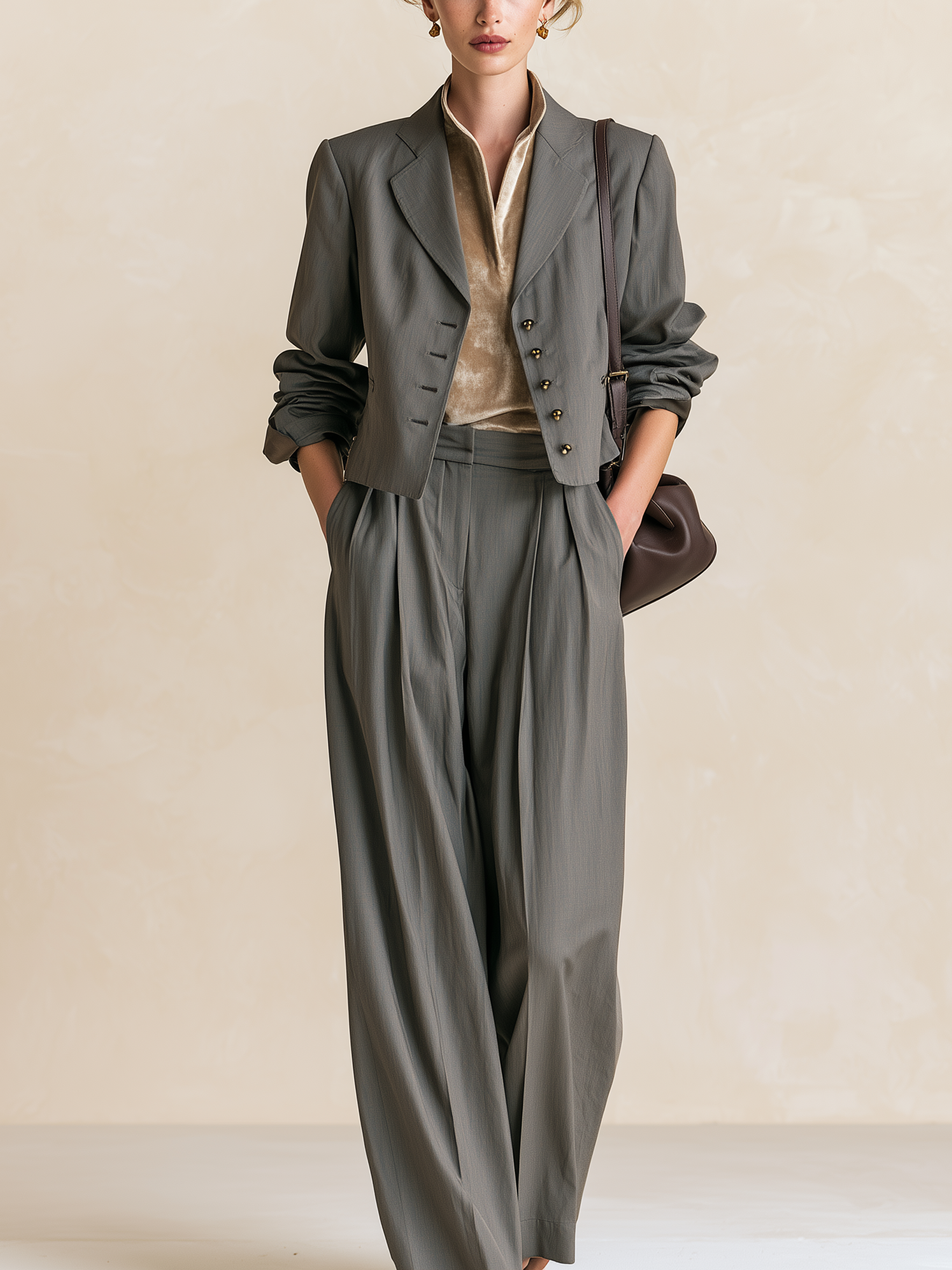 Elegant Grey Cropped Blazer Wide Leg Pant Two-Piece Set