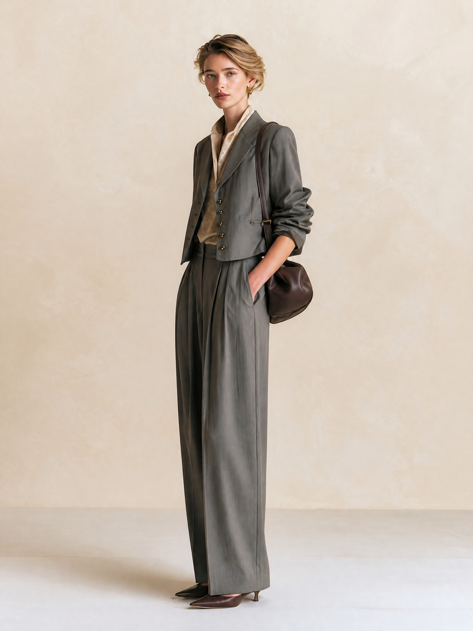 Elegant Grey Cropped Blazer Wide Leg Pant Two-Piece Set