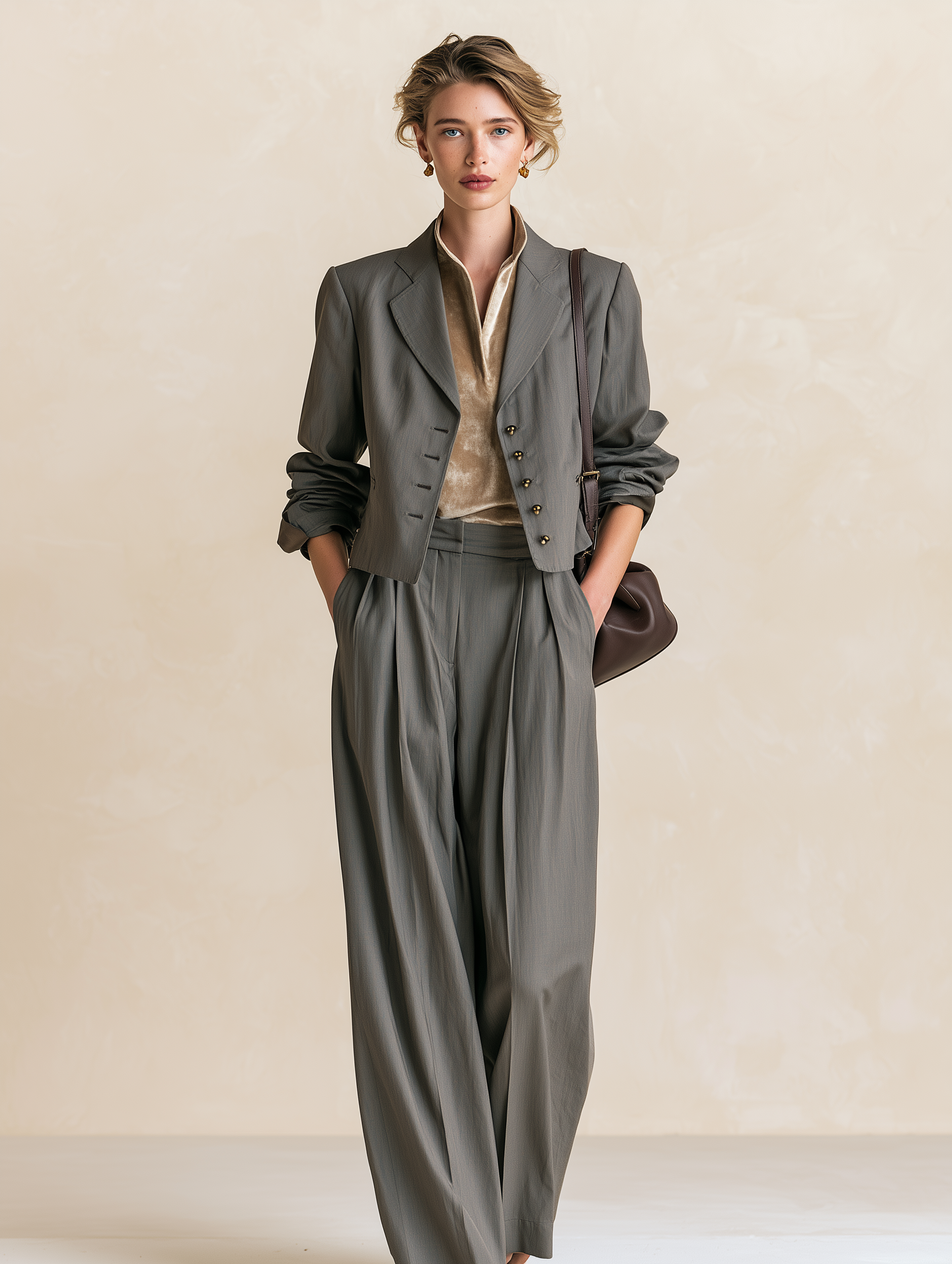 Elegant Grey Cropped Blazer Wide Leg Pant Two-Piece Set