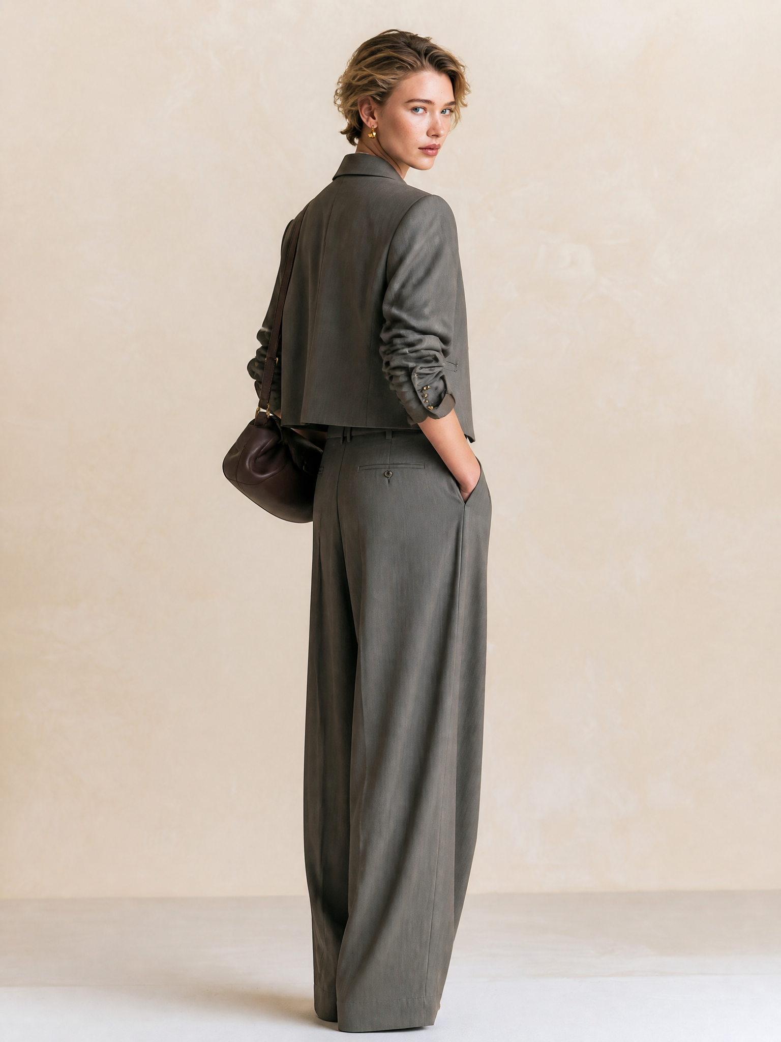 Elegant Grey Cropped Blazer Wide Leg Pant Two-Piece Set